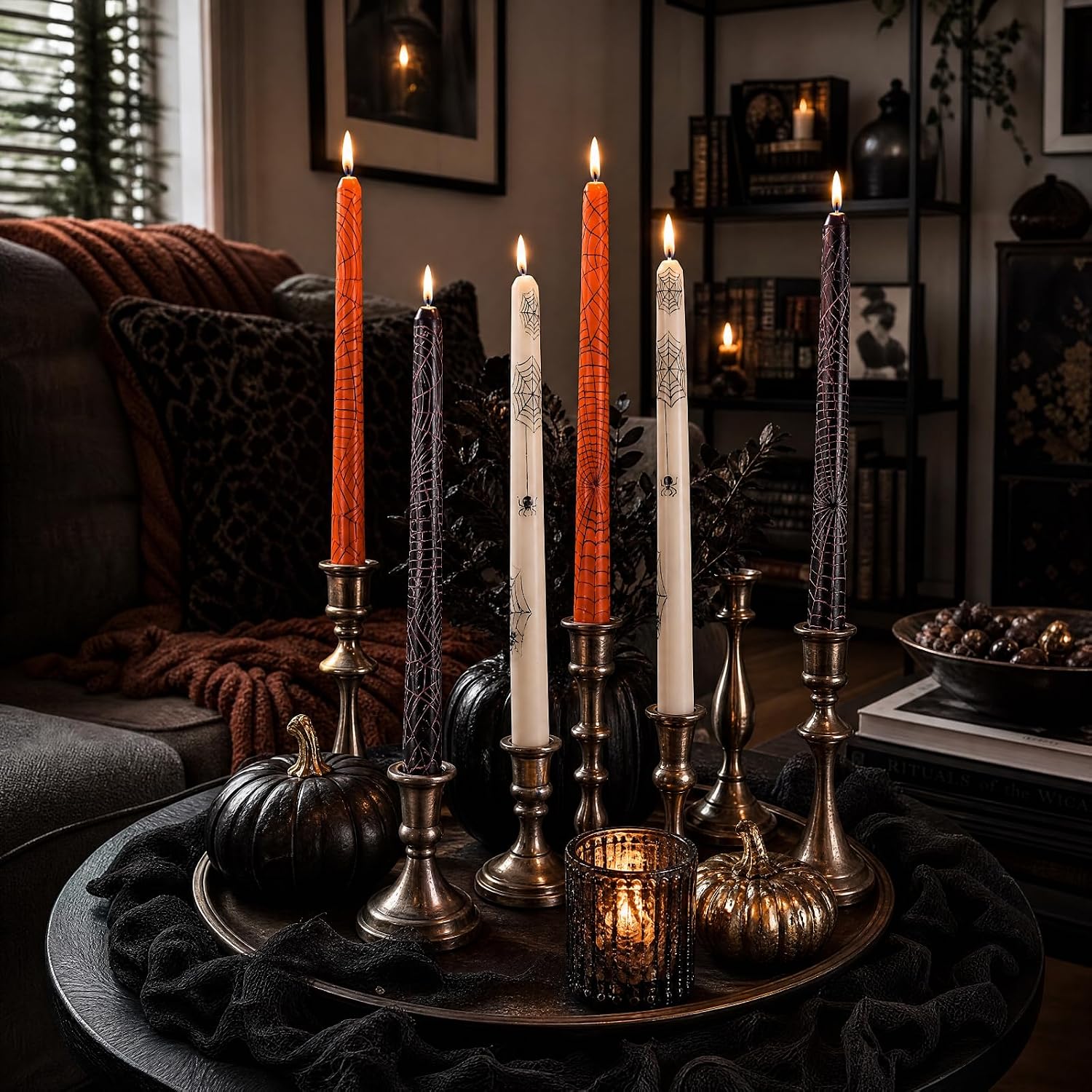 Conelist 6 Pcs Halloween Taper Candles Bulk, 3D Spider Web Spooky Decor