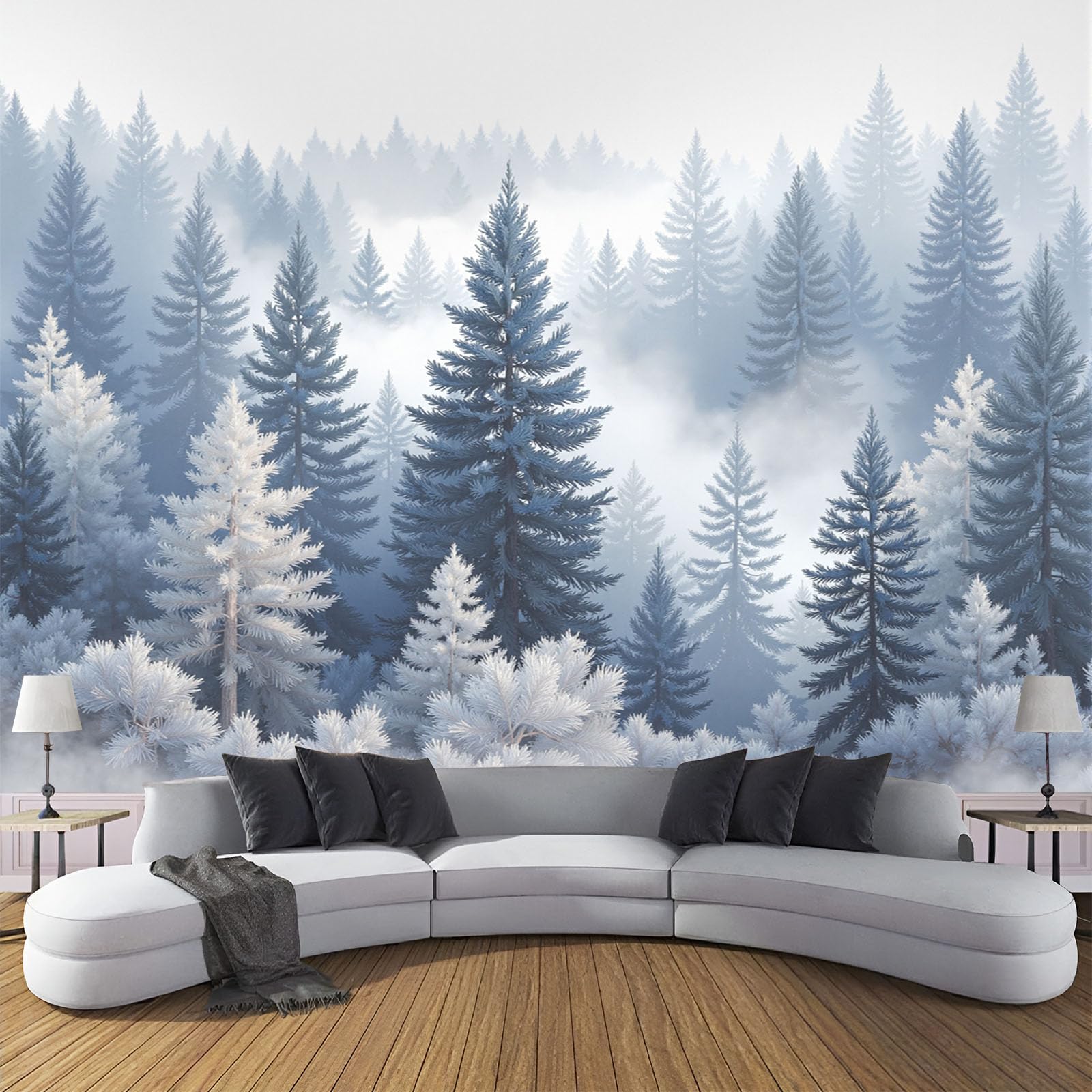 Papier peint forêt brumeuse 300x210cm décoration murale plantes aquarelle