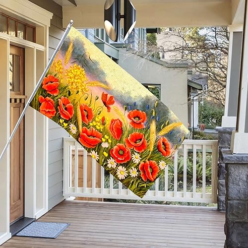 Miniatura 4 de Bandera de primavera de amapolas en campo de pintura al óleo de 3 x 5 pies, paisaje de primavera con doble costura de 3 x 5 pies con ojales de latón