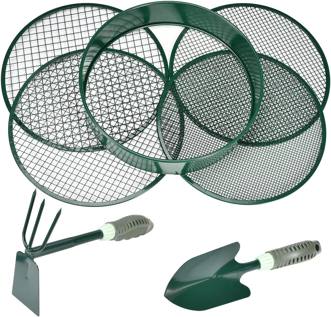 johgee Soil Sieve Garden Riddle Sieve 30cm Diameter, Galvanized Iron Potting Sieve, 4 Interchangeable Filter Mesh Sizes 3,6,9,12mm, with Shovel and Dual-Purpose Hoe