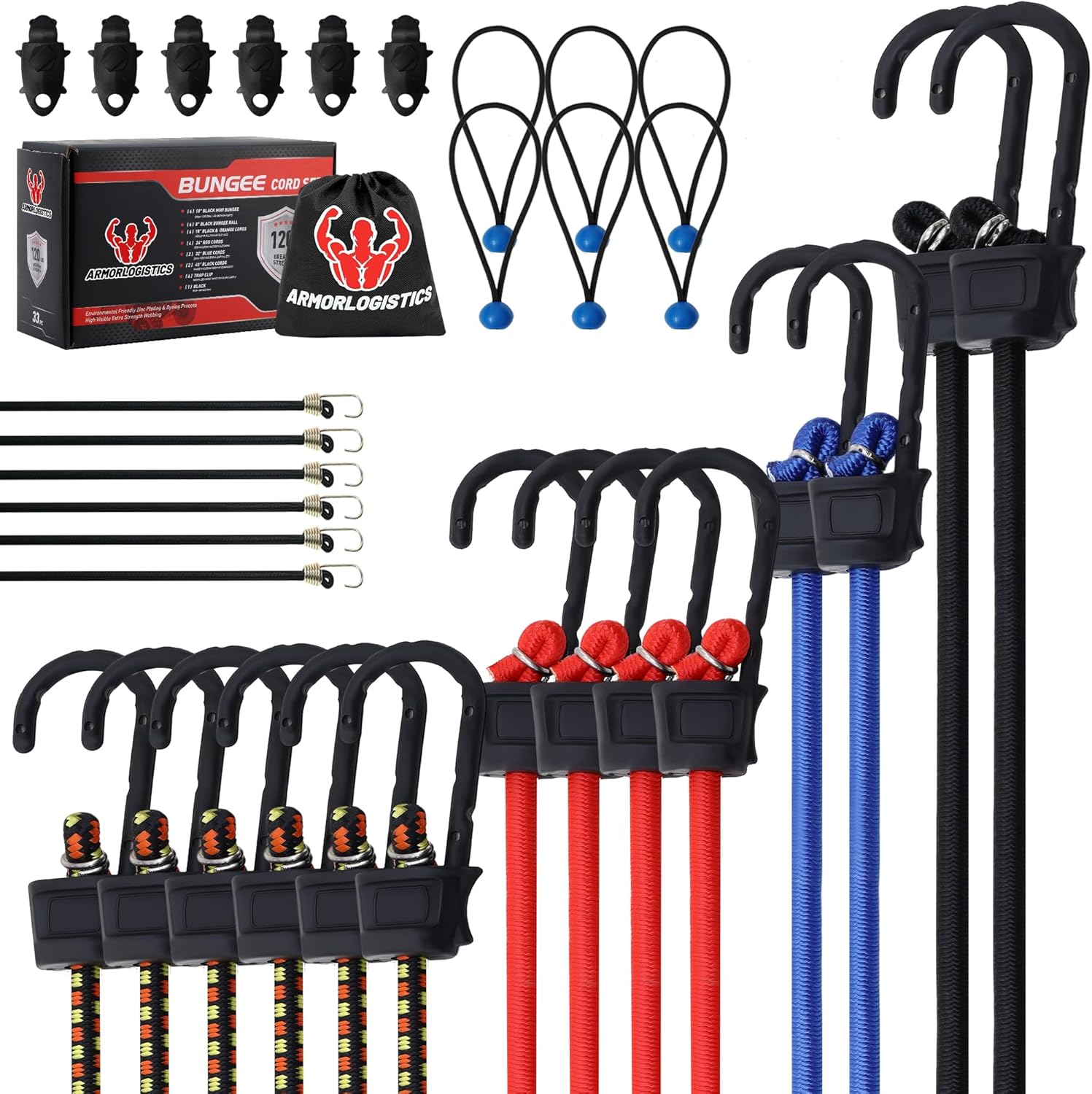 Bungee Cords with Hooks, Bungee Cords Heavy Duty Outdoor 33pcs, 10", 18", 24", 32", 40" Bungee Cord with Metal Hook, Tarp Clips,Ball Bungees, Storage Bag