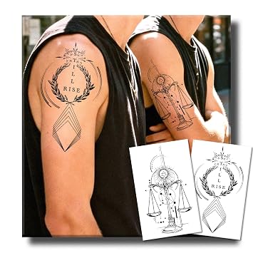 Semi-Permanent Tattoo, 2 Sheets Large Realistic Sun Balance Scale & Rise Olive Geometry Design Temporary Tattoos for Men, 2 Weeks Fake Tattoos for Arm, Waterproof & Non-Reflective
