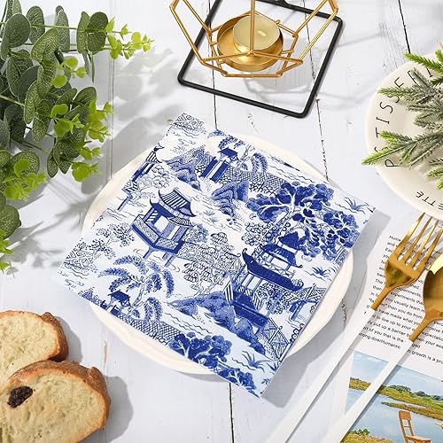 Miniatura 4 de AnyDesign - 80 servilletas de papel toscanas de 6.5 pulgadas, servilletas de papel desechables de color azul y blanco, servilletas de cena