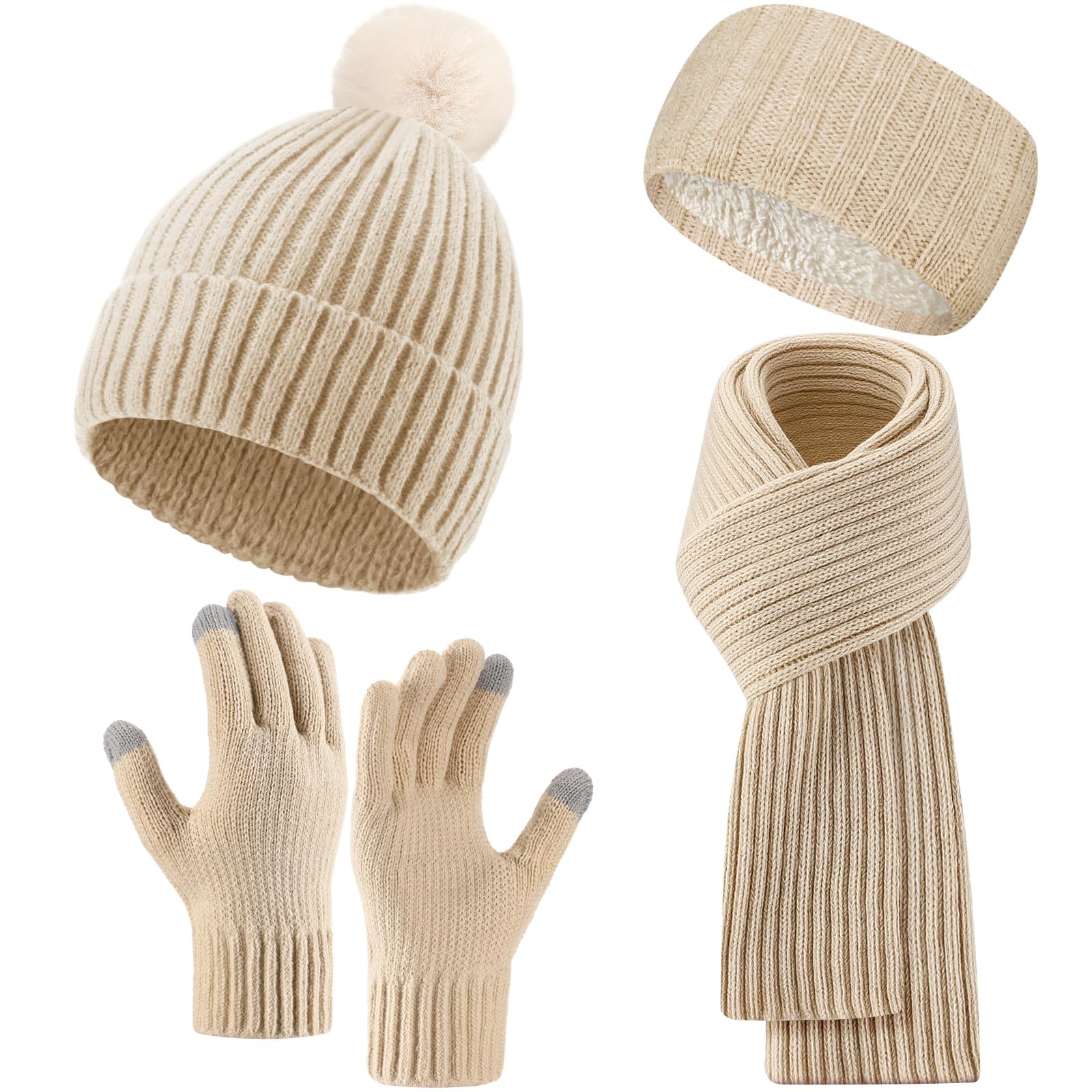 4 pcs winter hat scarf gloves headband set knit beanie touch screen gloves long scarf valentine gift for women men