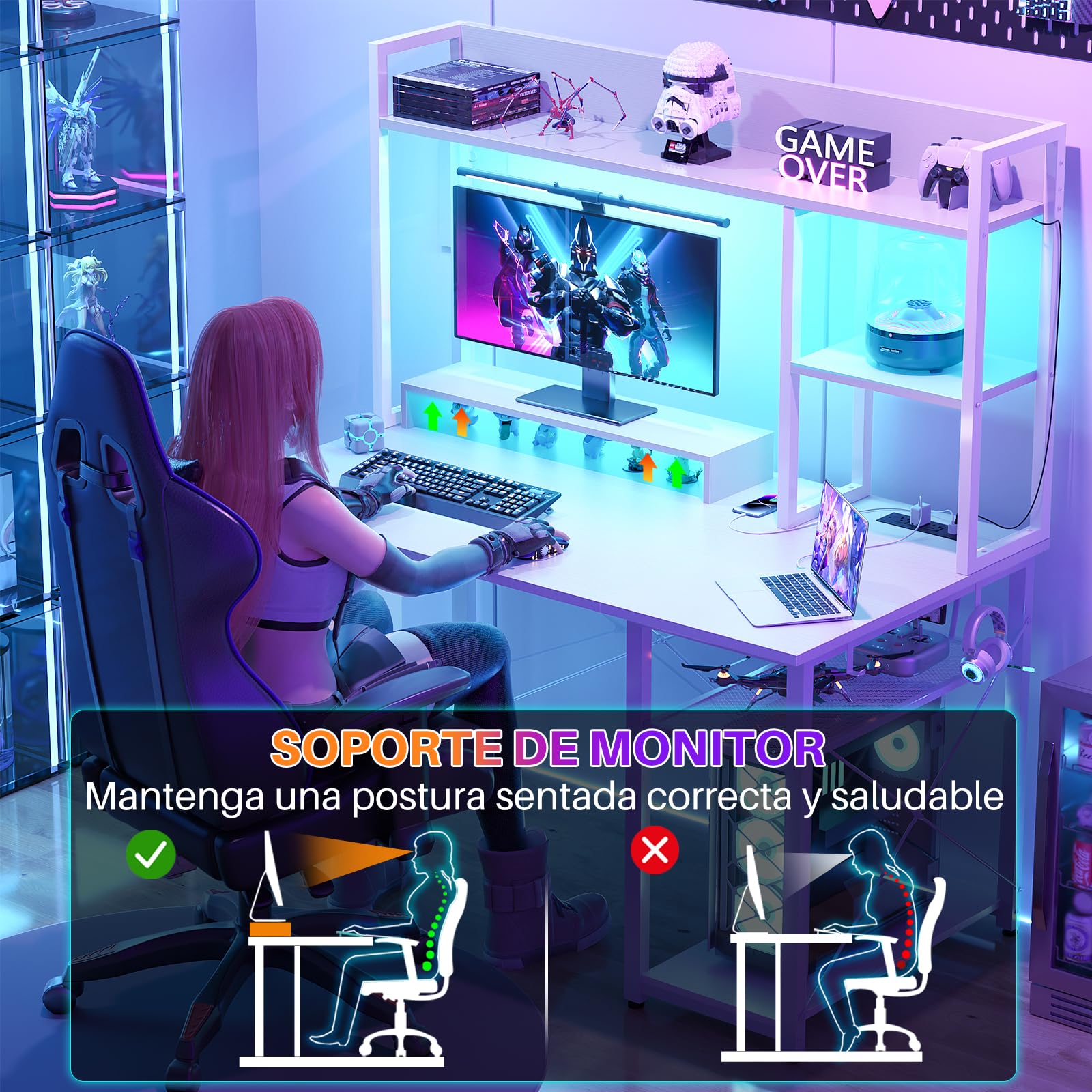 iSunirm Escritorio para Juegos Compartimento, Luces LED y Tomas de Corriente, 100 x 50 cm, estantes y Soporte para Monitor, Blanco