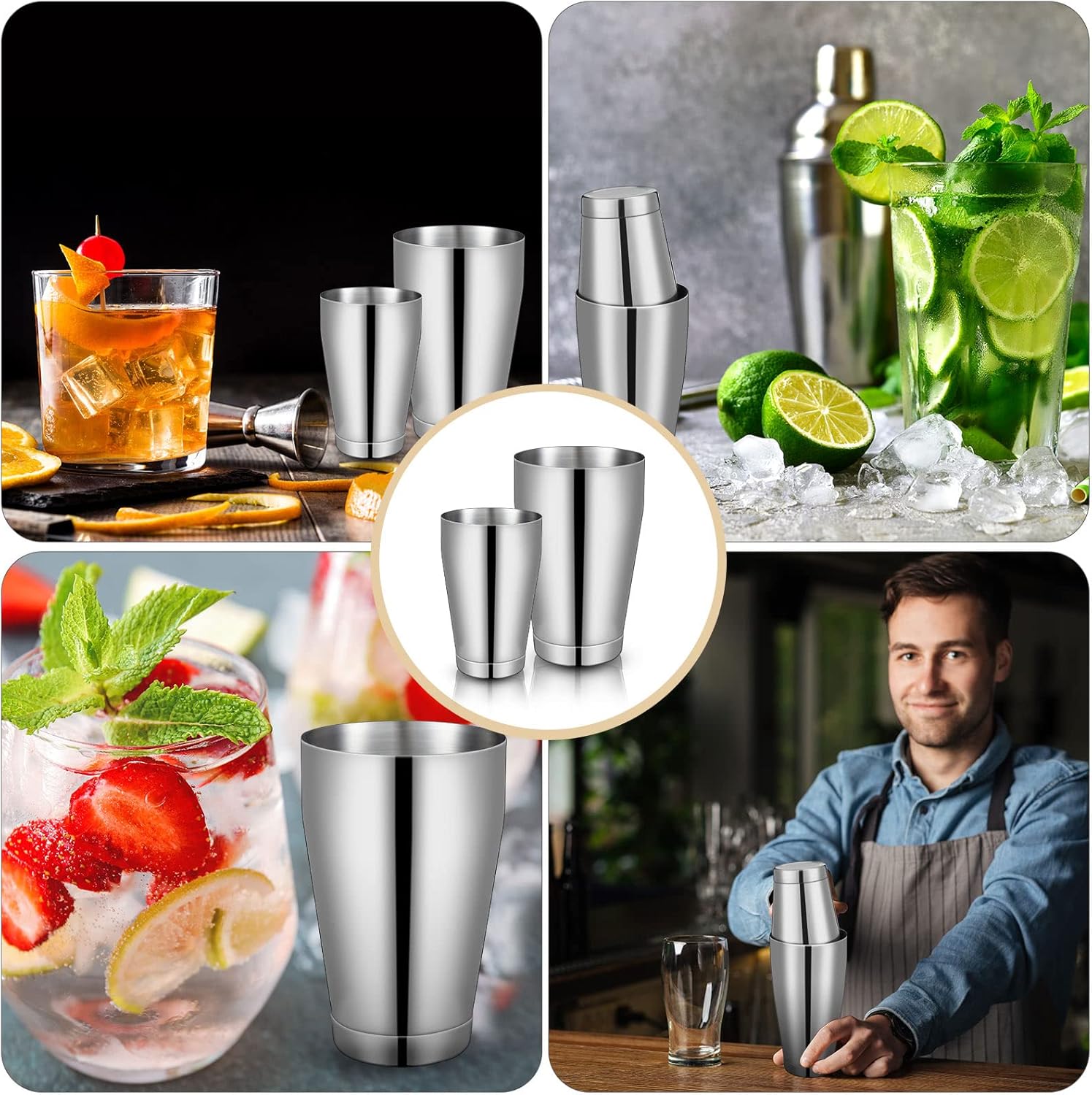 Lallisa 10 Pieces Cocktail Shakers Professional Bar Boston Shaker Set Stainless Steel Martini Shaker Drink Mixer Basic Tools Weighted Shake Metal Can for Bartenders, 18 Oz, 28 oz(Silver) - Image 6