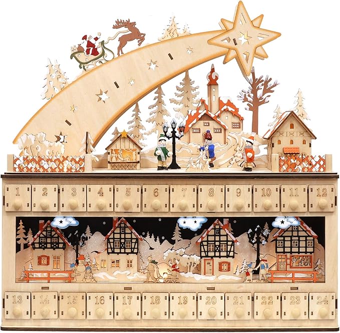 WBHome Christmas Advent Calendar, Traditional Wooden Countdown Calendar to Christmas, Shooting Star Snowy Village with 24 Drawers and Led Lights for Holiday Decoration