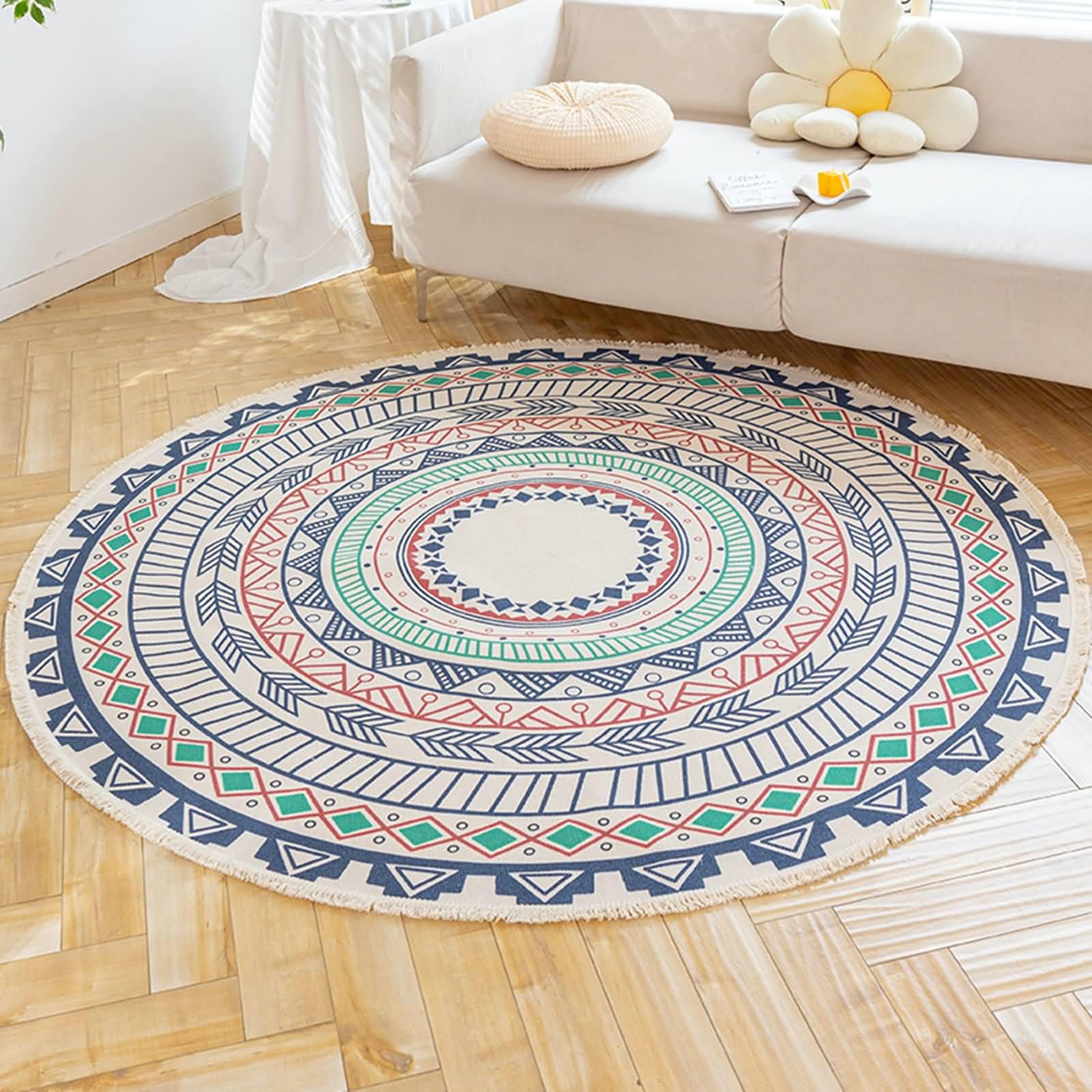 Gualiy Wohnzimmerteppich Abwaschbar, Teppich Rund 150 Baumwolle Leinen Blumenmuster im Ethnostil mit Quasten Schlafzimmer Teppiche, Blau Grün
