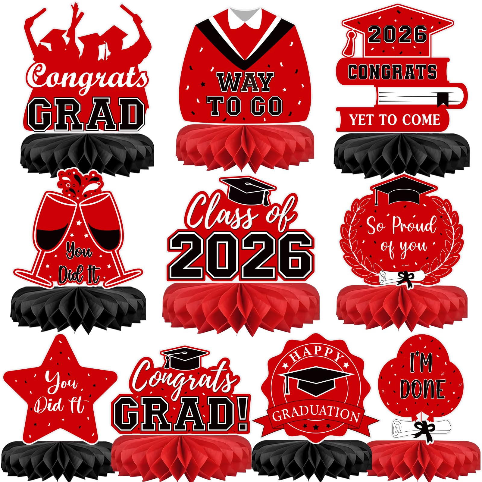 Photo 1 of 10Pcs Graduation Decorations 2026 Class of 2026 Congrats Grad Table Honeycomb Centerpieces Graduation Party Supplies for kindergarten K-12th College Any Grade Red