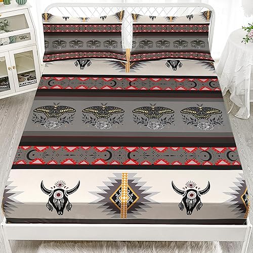 Miniatura 2 de Axolotl Juego de ropa de cama bohemio occidental, sábanas de ganado toro, tamaño Queen, sábana encimera de tribu bohemia, sábana encimera de flores