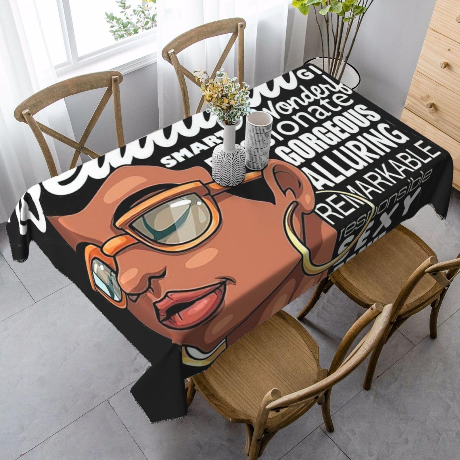 yagDAA Melanin Afro Woman Print Rectangle Tablecloth Table Cover Indoor Outdoor Dining Room Kitchen Table Cloth 140x90cm