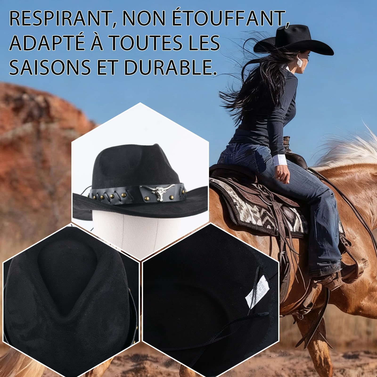 MYKAGS Chapeau de Cowboy pour Femmes et Hommes, Chapeaux Western en Daim, Chapeau Panama, Chapeaux de Cow-Boy à Large Bord, Cow-Girl Western en Daim