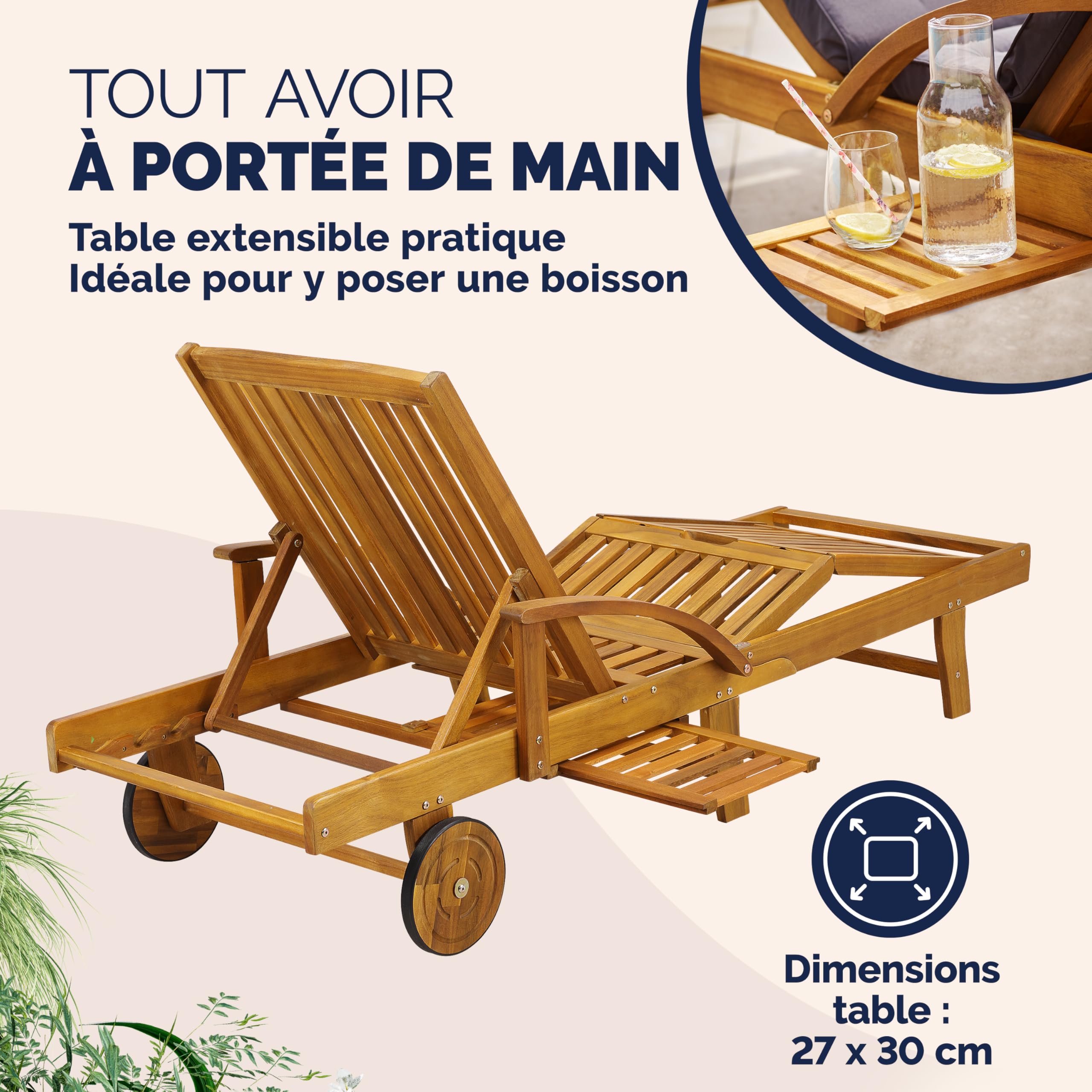 Casaria® 2X Chaise Longue Jardin Exterieur Tami Sun en Bois D Acacia Chaise Pliante avec Roues Type Transat Bain De Soleil Chaise Bois pour Salon De Jardin Exterieur