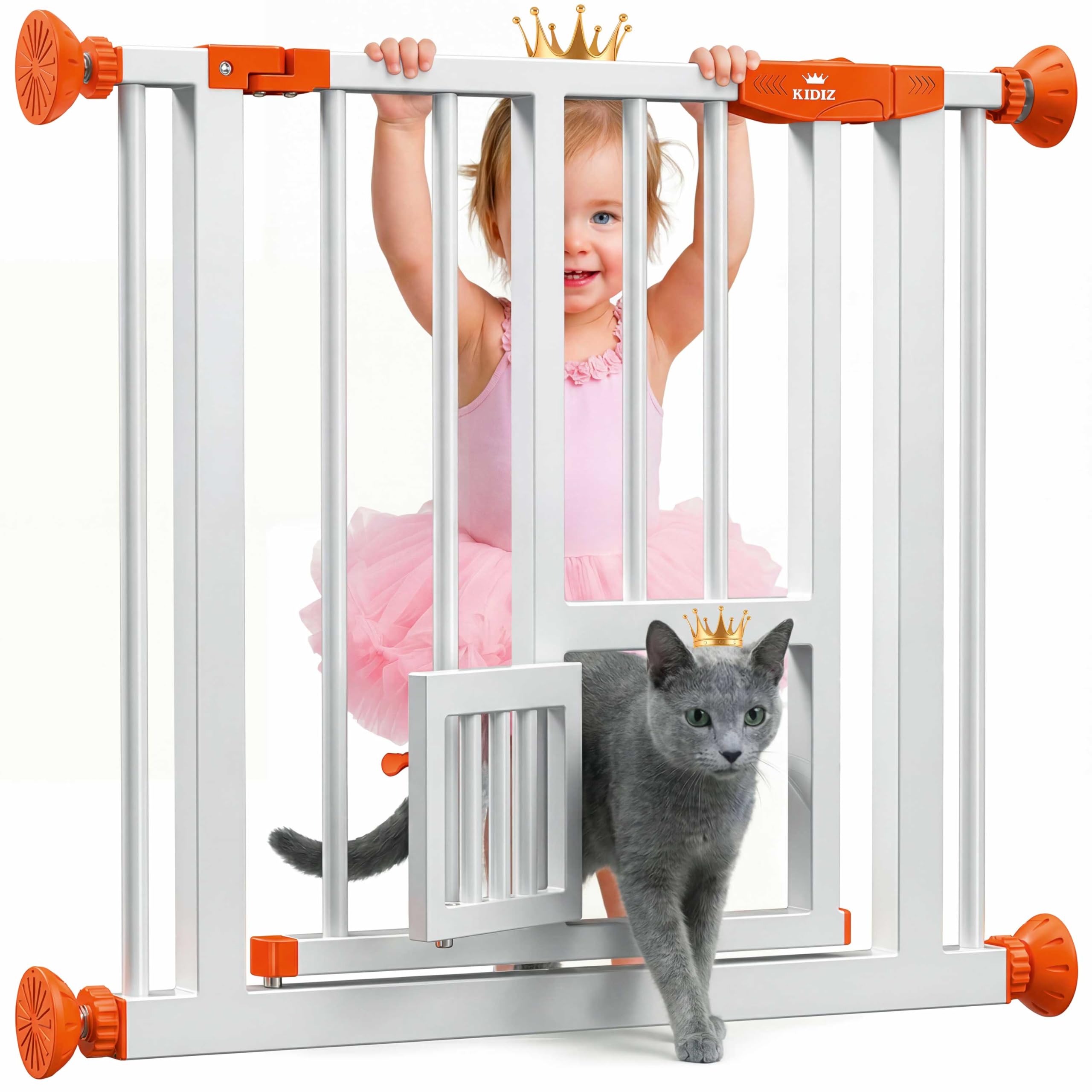 KIDIZ Absperrgitter zum Klemmen mit Katzenklappe, Türschutzgitter, Autoclose Kinder Treppengitter ohne Bohren | 90° Stopp Schutz, schwenkbar, Treppenschutzgitter, Weiß/Orange, Breite: 81-87 cm