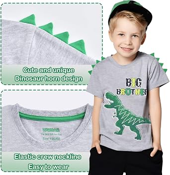 Big Brother Dinosaur Shirt for Toddler Boys, T-Rex Big Brother Announcement T-Shirt with 3D Dino Spikes for 3-6 Years