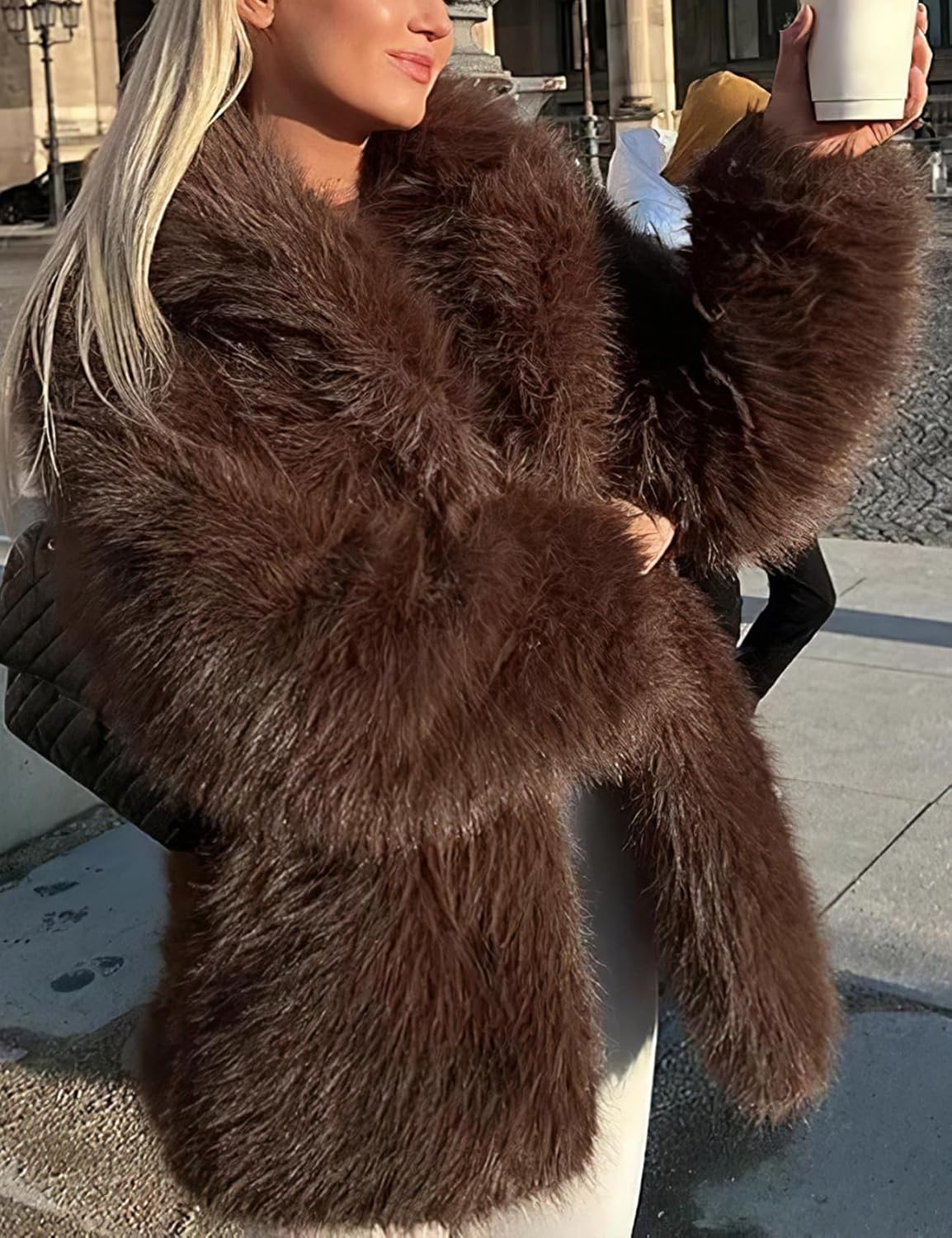 PEHMEA Women's Mid-Length Faux Fur Coats Winter Warm Fuzzy Jackets Lapel Fashion Luxury Fluffy Shaggy Parka Coat - Image 4