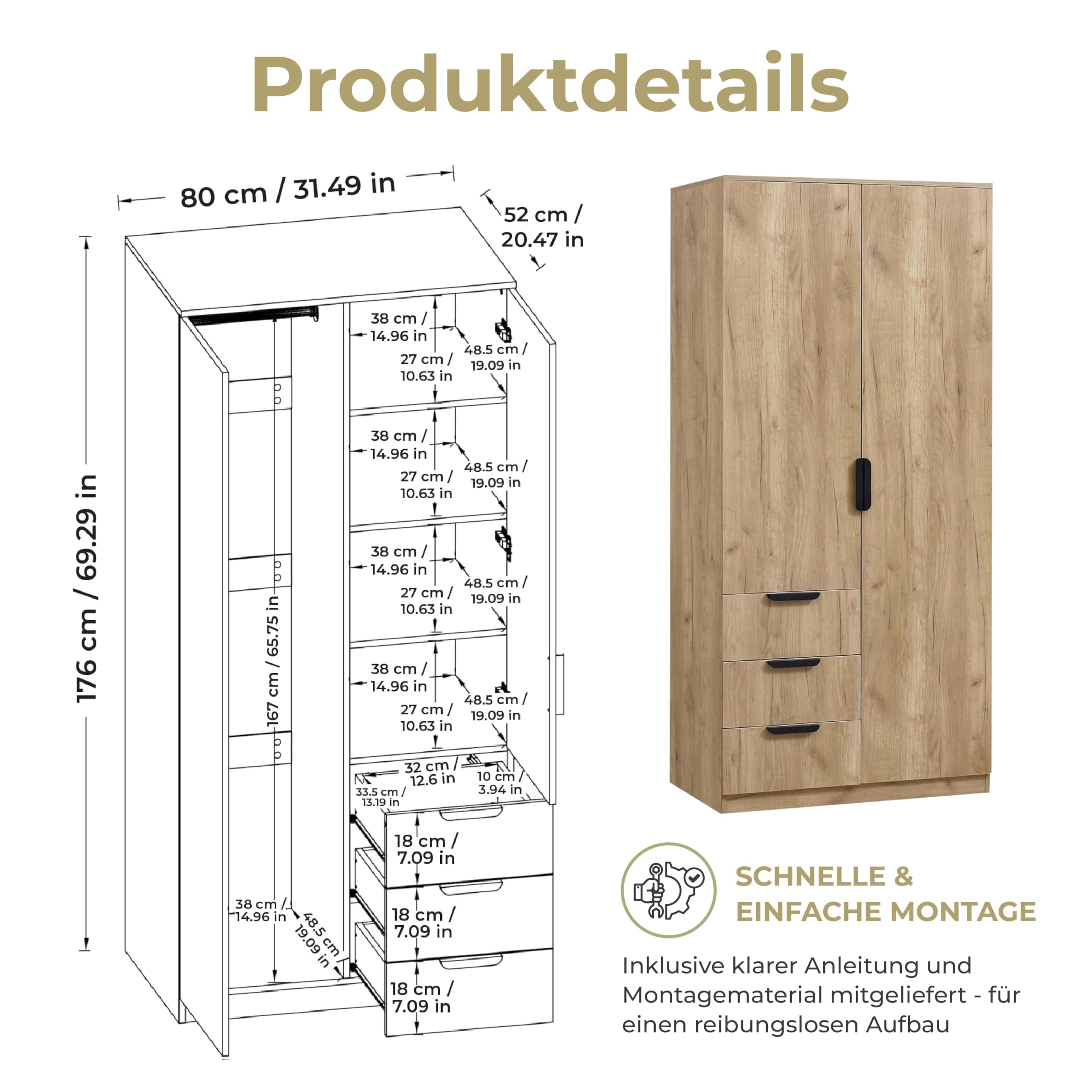 Kleiderschrank Eiselfing mit 2 Türen 176 x 80 x 52 cm Eicheoptik 1 Kleiderstange 4 Fächer 3 Schubladen