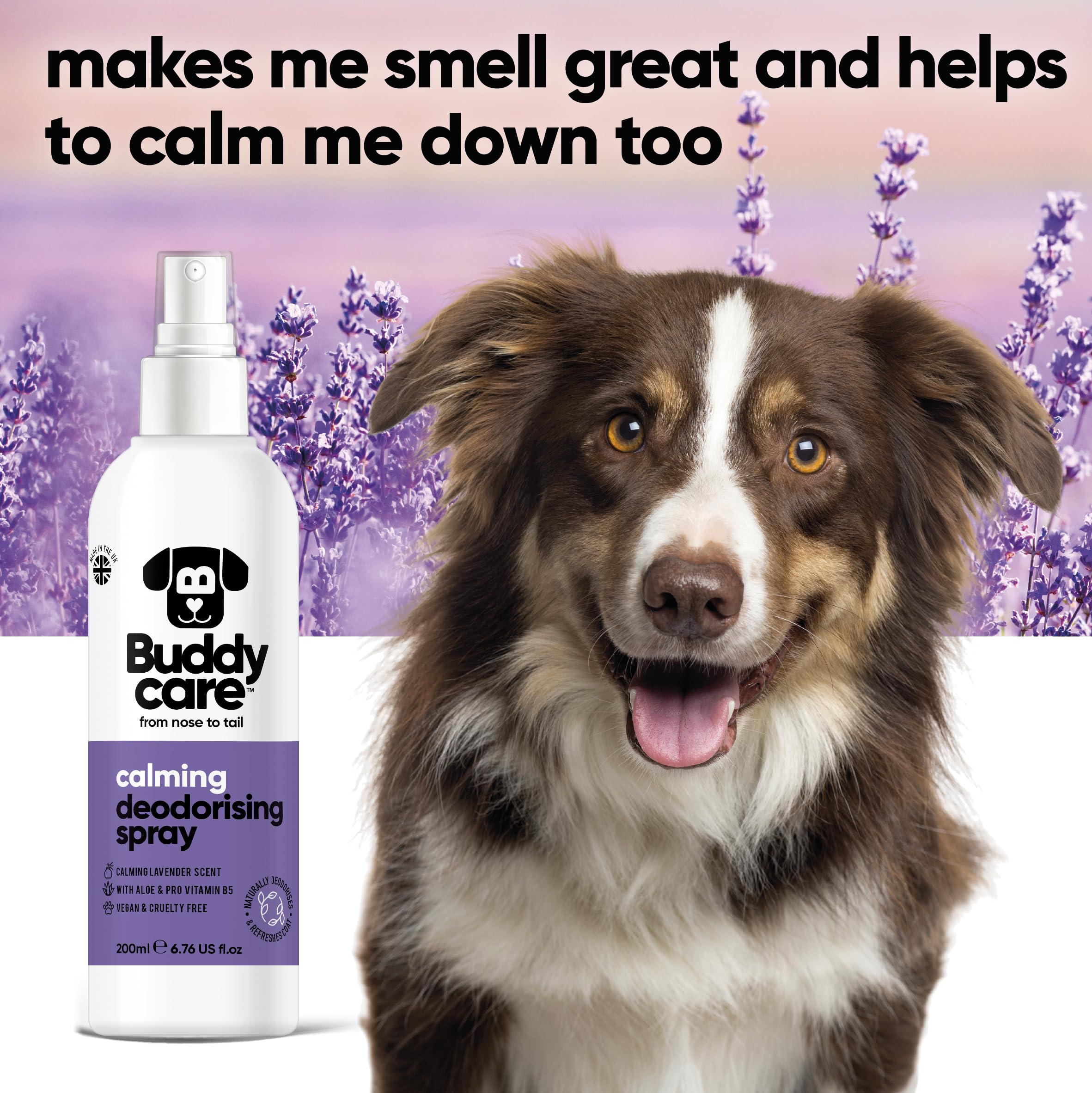 Buddycare | Spray Déodorant pour Chiens - Spray Déodorant Apaisant pour Chiens - Avec Aloe Vera & Pro Vitamine B5, Lavande, 200 ml (Lot de 1)