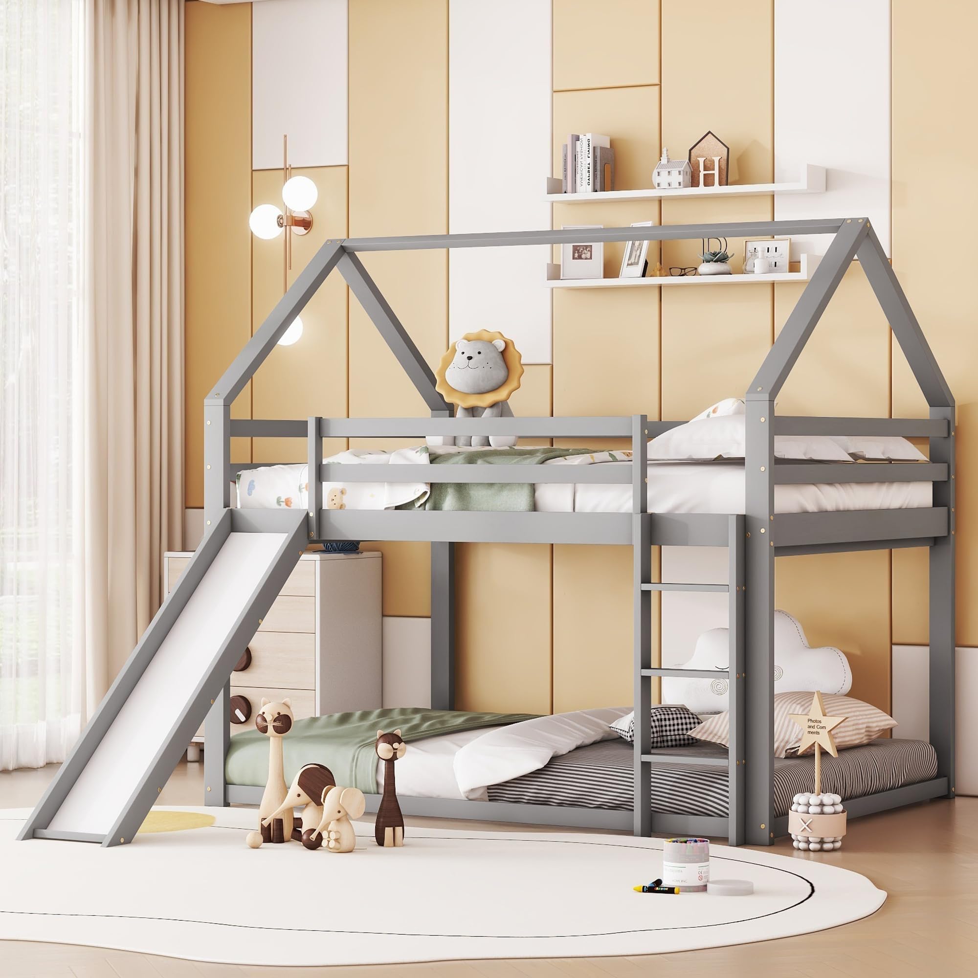 140x200 cm Etagenbett Kinder Holzbett mit Lattenrost und Rausfallschutz, Hausförmiges Bett mit kindgerechter Rutsche und Leiter, Kinderzimmer Doppelstockbett, Ohne Matratze, Grau