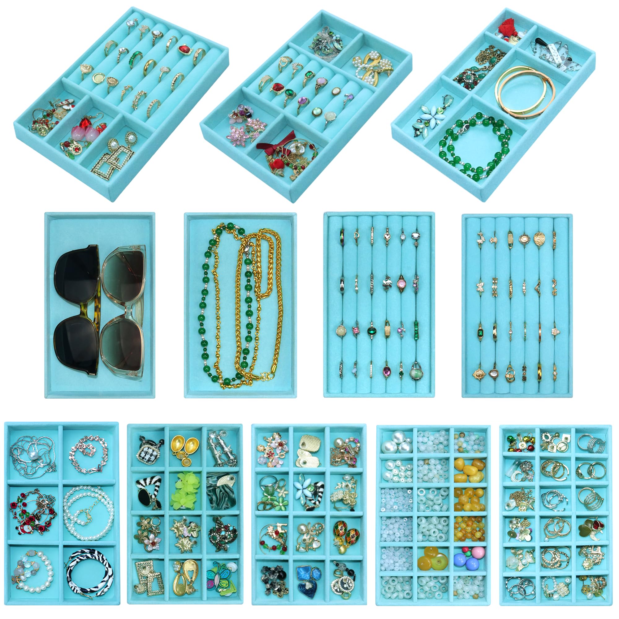 12 bandejas de terciopelo para joyas, organizador de joyas, collares, pulseras, pendientes, anillos, broches, relojes, color azul