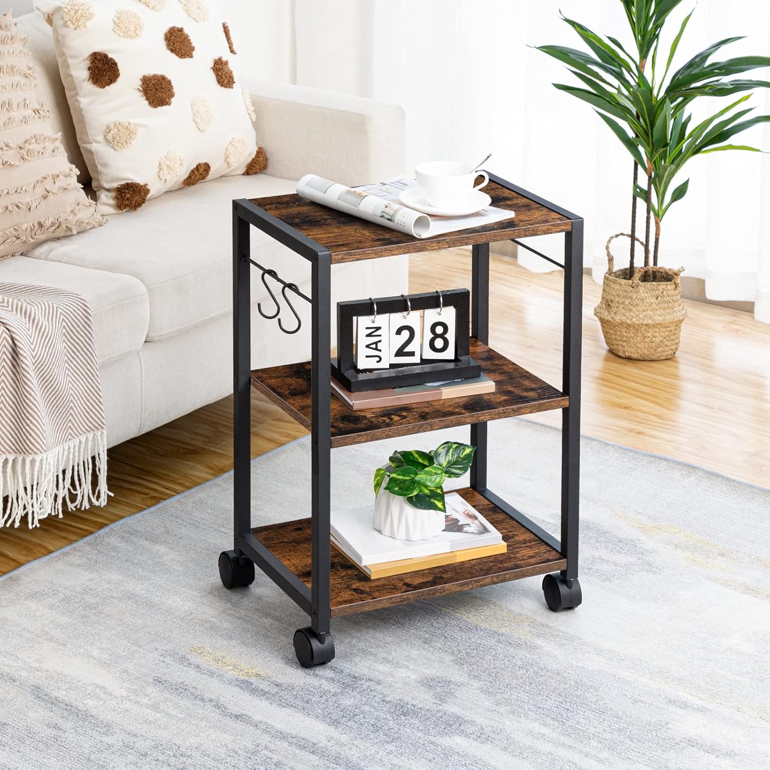ALLOSWELL Mobile Printer Stand, 3-Tier Printer Cart Under Desk with Storage, Industrial Rolling Cart with 2 Hooks, Sturdy Little Cart on Wheels for Home Office, Rustic Brown and Black PTHR4001 : Office Products