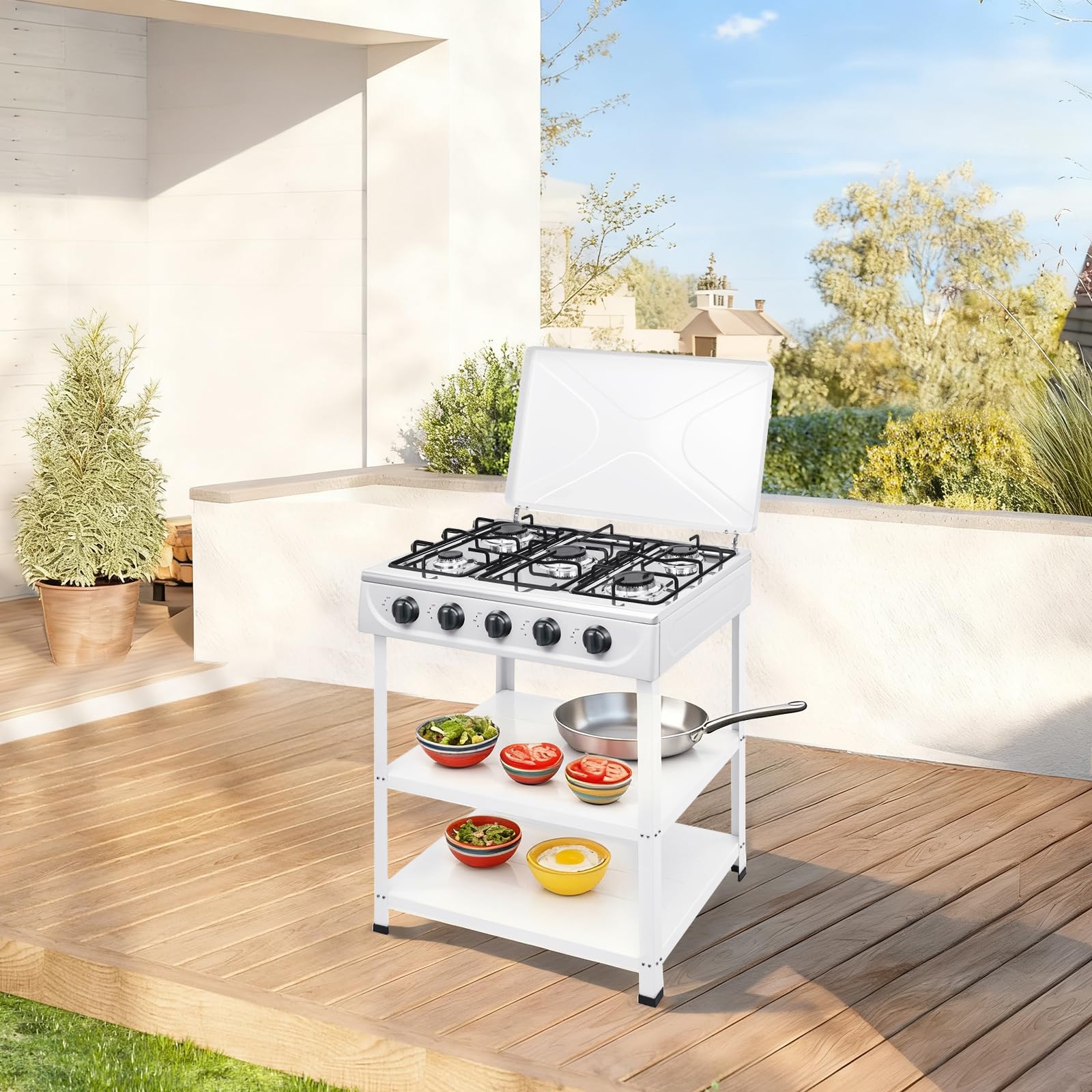 Fornello a gas da banco a 5 fiamme con 3 superfici di appoggio, 2,5KW per bruciatore, bianco, per campeggio, camper e outdoor, adatto a NG/GPL, con copertura inclusa