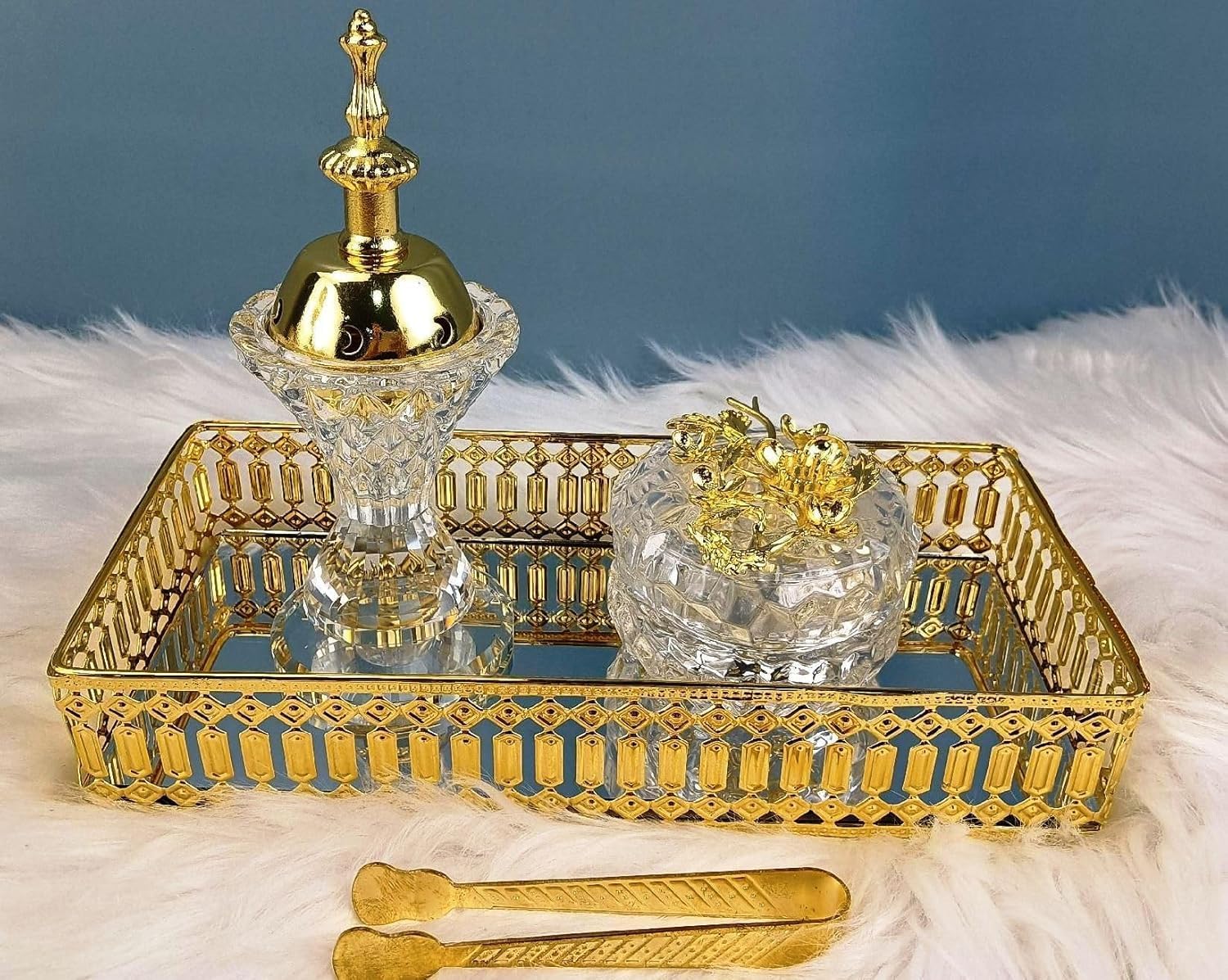 Premium Luxury Crystal Bakhoor Burner, Holder,Tong,Fragrence Bottle and Gold Glass Basket Holder Decor and Weding Gift, Bakhoor Charcoal Burner,Madkhan,Mabkhara,Arabian Fragrance Sett-مدخان | مبخرة