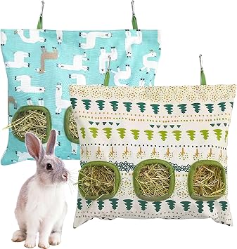 Lesnala 2pcs Bunny hay feeder Rabbit hay feeder bag Hanging guinea pig hay bag Large capacity cotton canvas fabric hay bag for Rabbits Bunny Chinchillas Hamsters and Other Small Pets3 Holes,2 styles