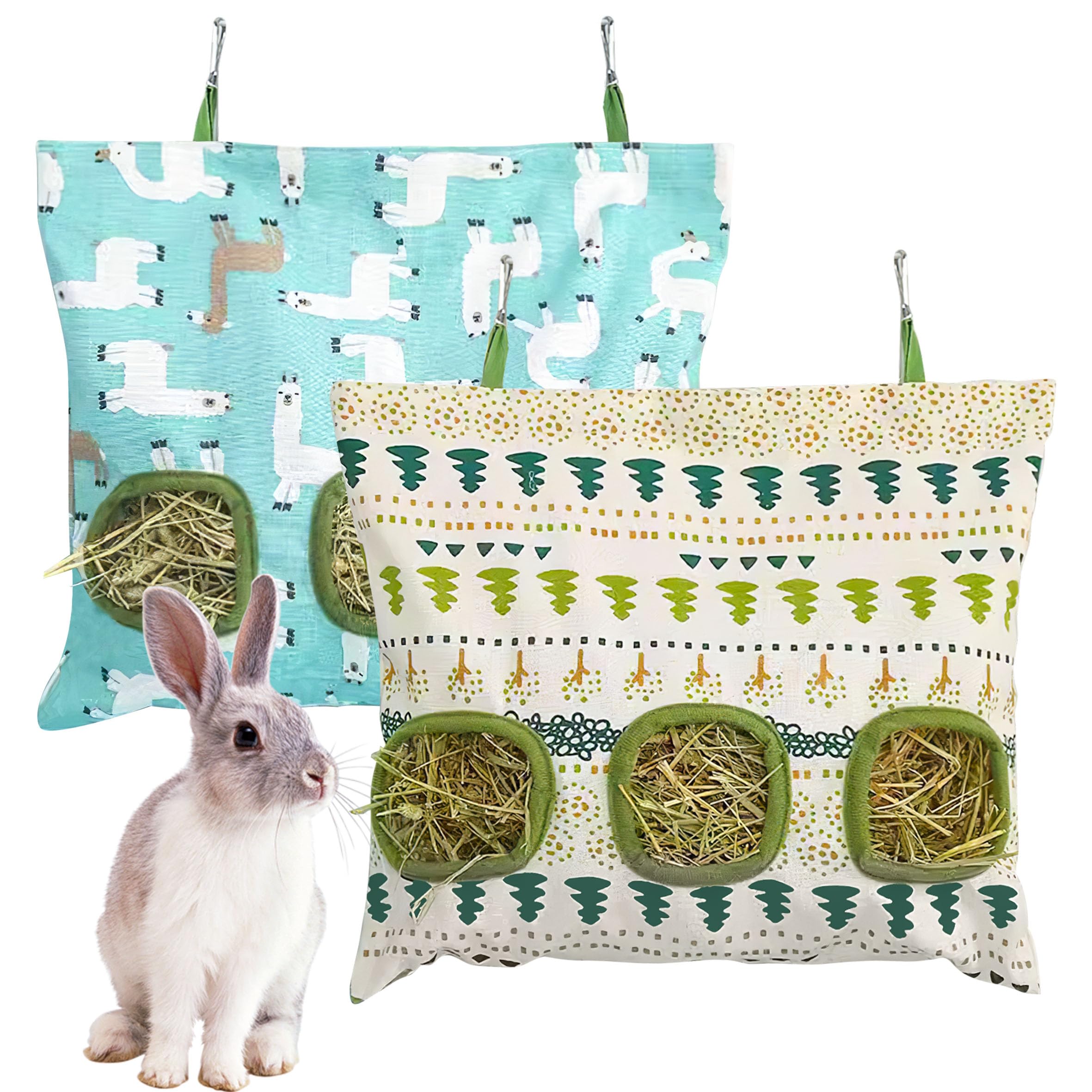 Lesnala 2pcs Bunny hay feeder Rabbit hay feeder bag Hanging guinea pig hay bag Large capacity cotton canvas fabric hay bag for Rabbits Bunny Chinchillas Hamsters and Other Small Pets(3 Holes,2 styles)