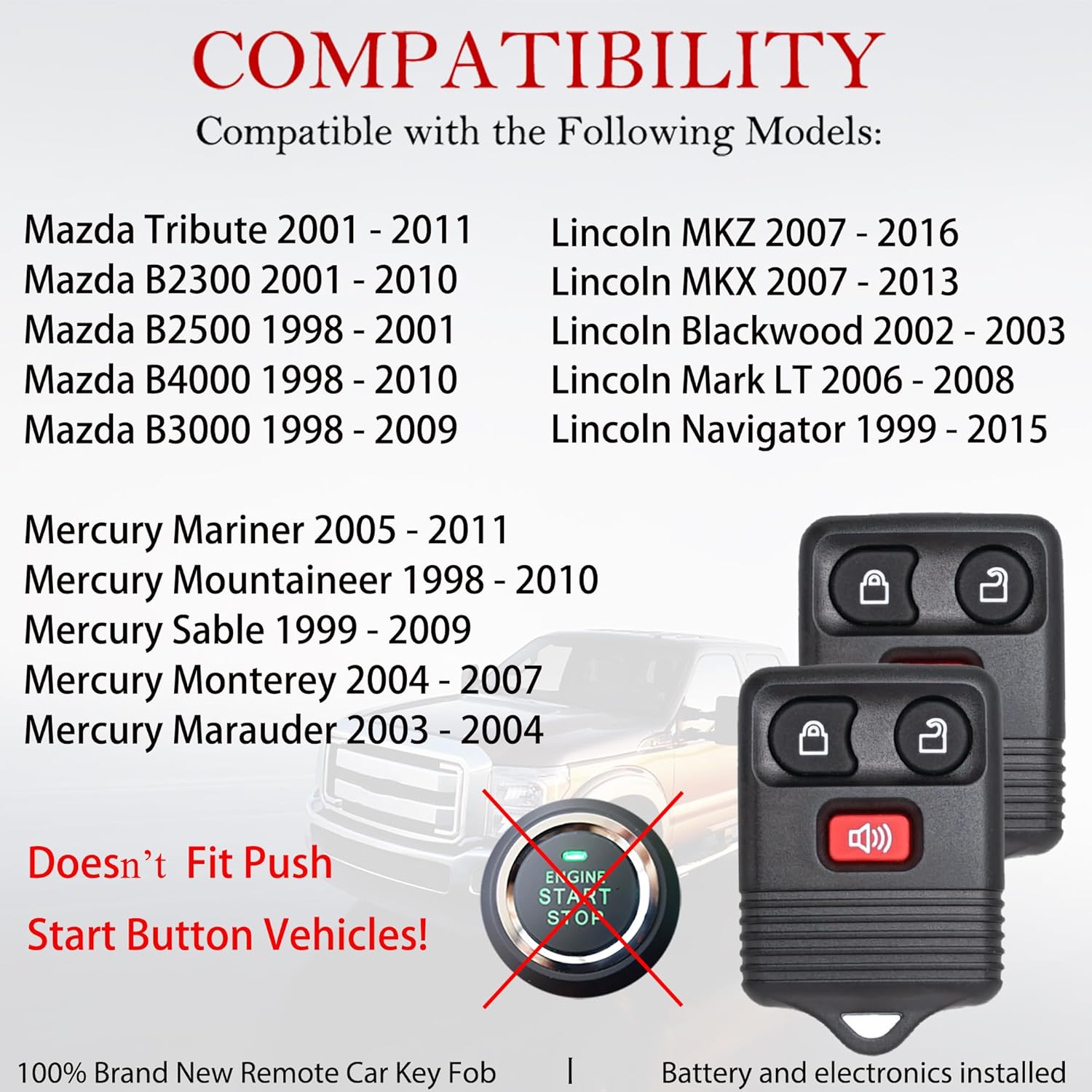 thumbnail image 2 of 2 Key Fob Remote Replacement Fits For 1998-2016 F150 F250 F350 Ranger Escape Explorer Focus E150 Expedition Mazda Mercury Lincoln Mkz Mkx Cwtwb1u345 Cwtwb1u33 Keyless Entry Remote Control 3 Button 2 of 9