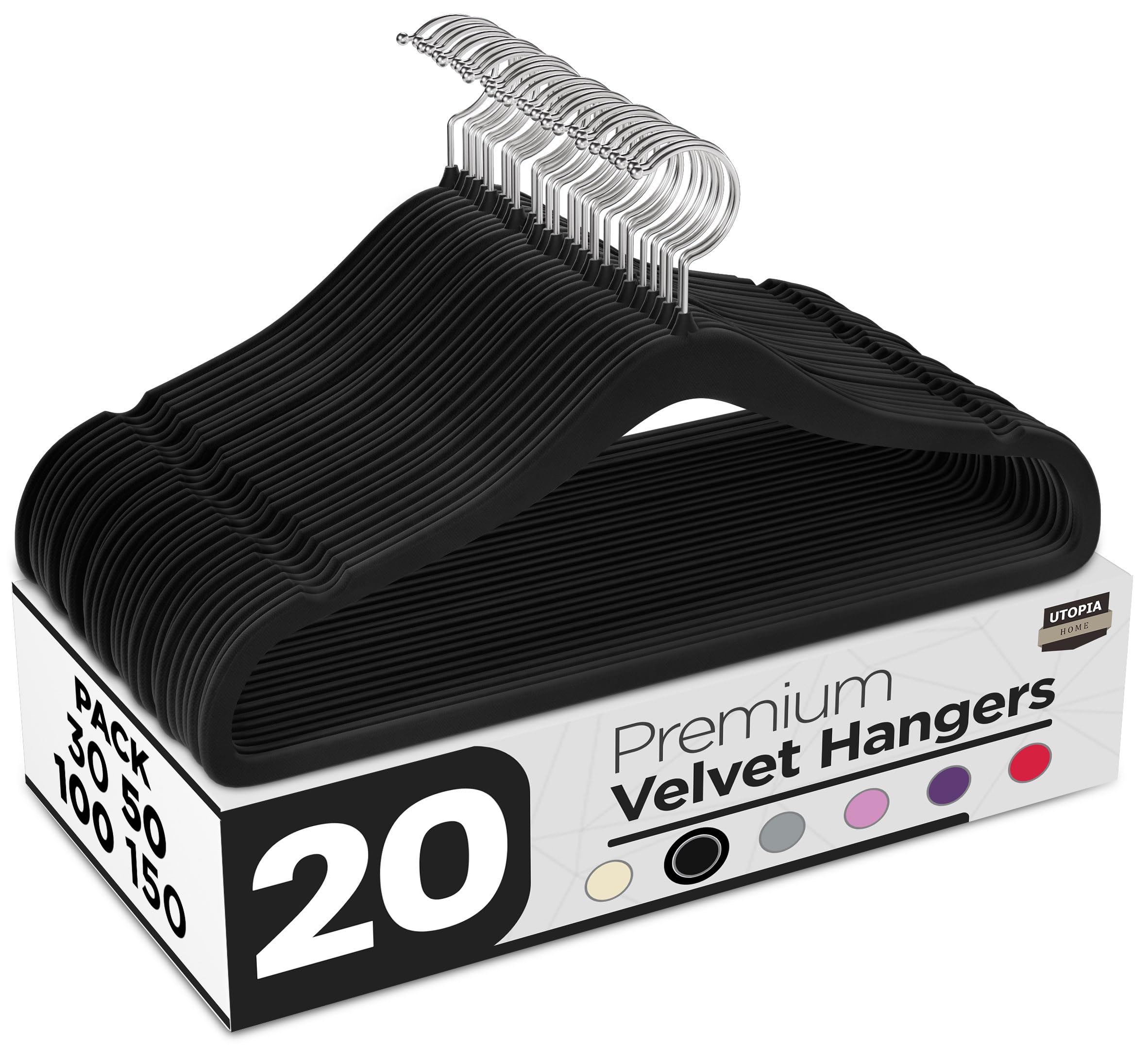 Premium Velvet Hangers - 20 Pack, Non-Slip, Durable, Black, Chrome Finish, 360° Rotatable Hook, Heavy Duty Coat & Clothes Hangers