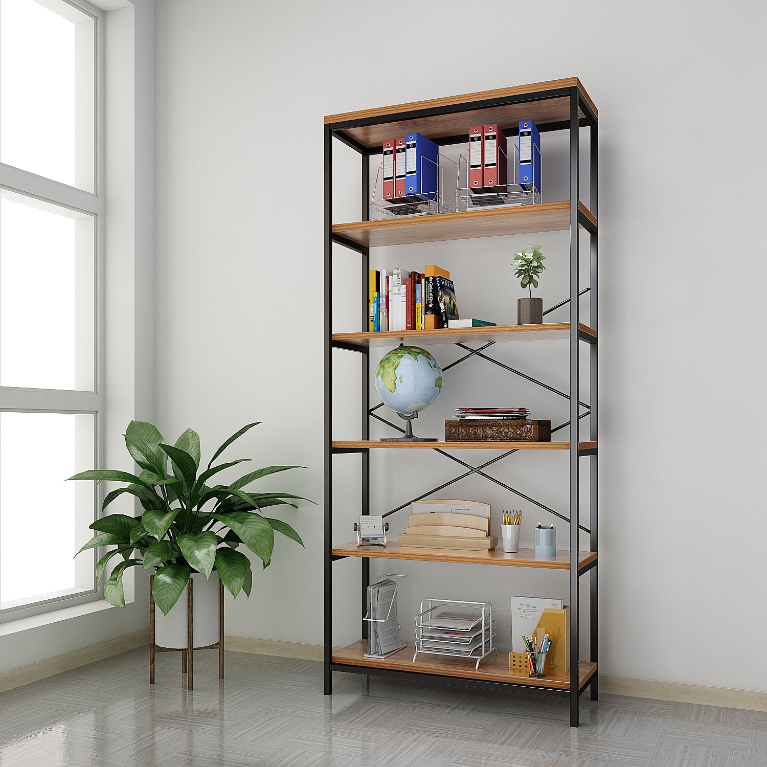 Buy 6 Tier Industrial Bookshelf, 71" Tall Bookshelf, Floor Standing