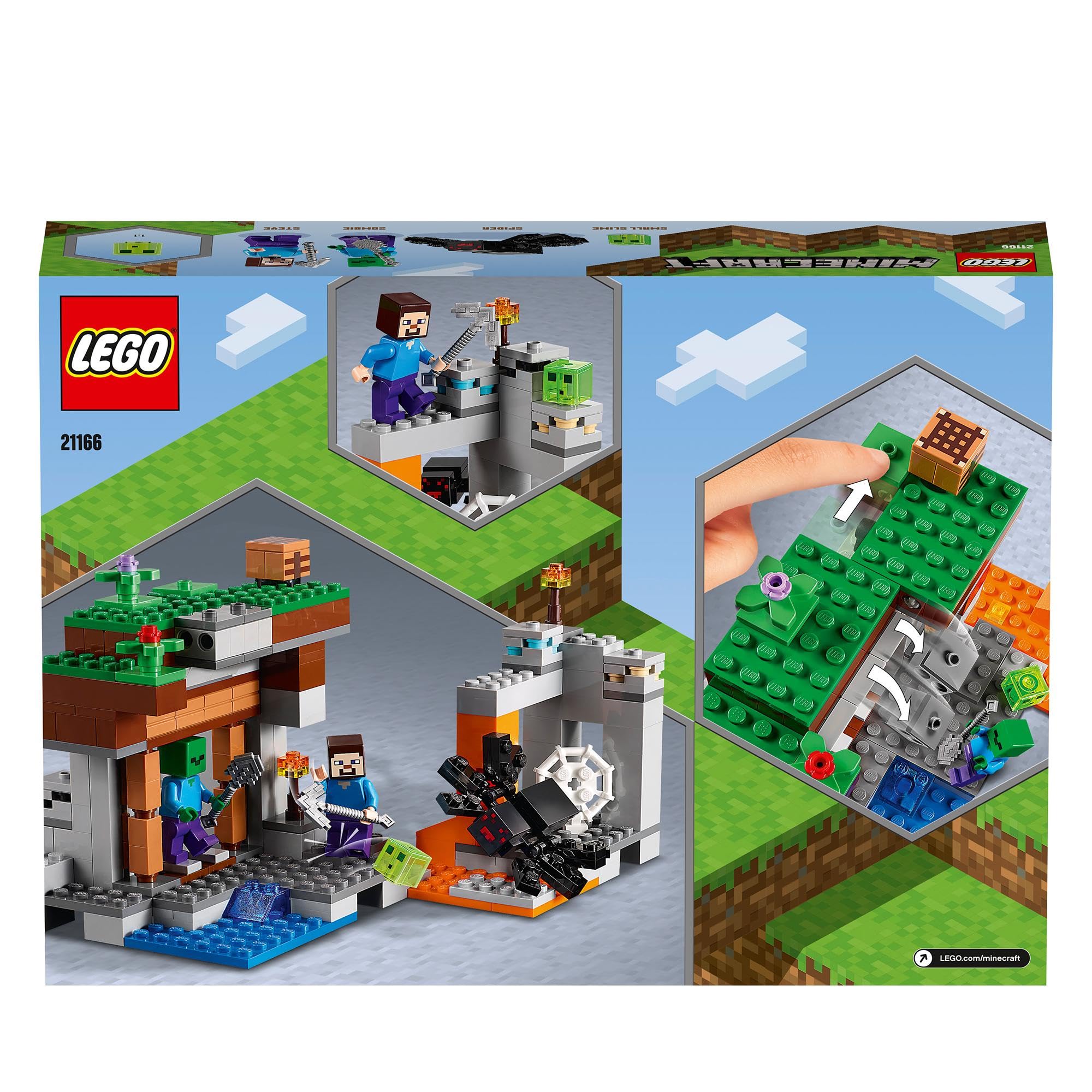 LEGO Minecraft La Miniera Abbandonata, Modellino da Costruire con i Personaggi di Steve, Zombie, Ragno e Slime, Giochi Creativi per Bambini e Bambine da 7 Anni, Fan del Videogioco 21166