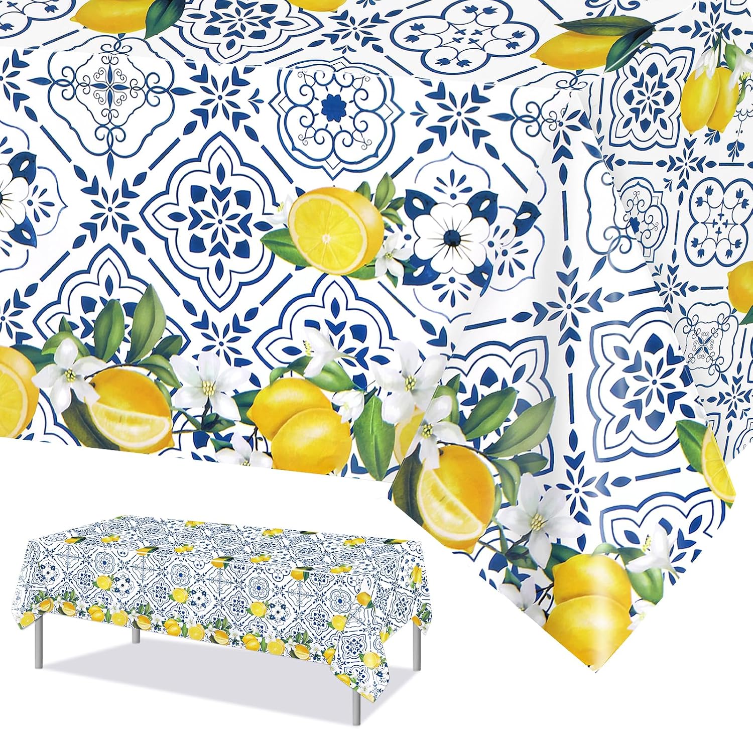 PHOGARY 3 PCS Lemon Tablecloth Disposable Blue Tile Plastic Table Covers Lemon Decor for Baby Shower Italian Themed Party Decorations Supplies 54 x 108 Inch