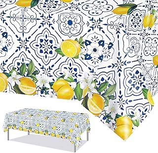 PHOGARY 3 PCS Lemon Tablecloth Disposable Blue Tile Plastic Table Covers Lemon Decor for Baby Shower Italian Themed Party Decorations Supplies 54 x 108 Inch