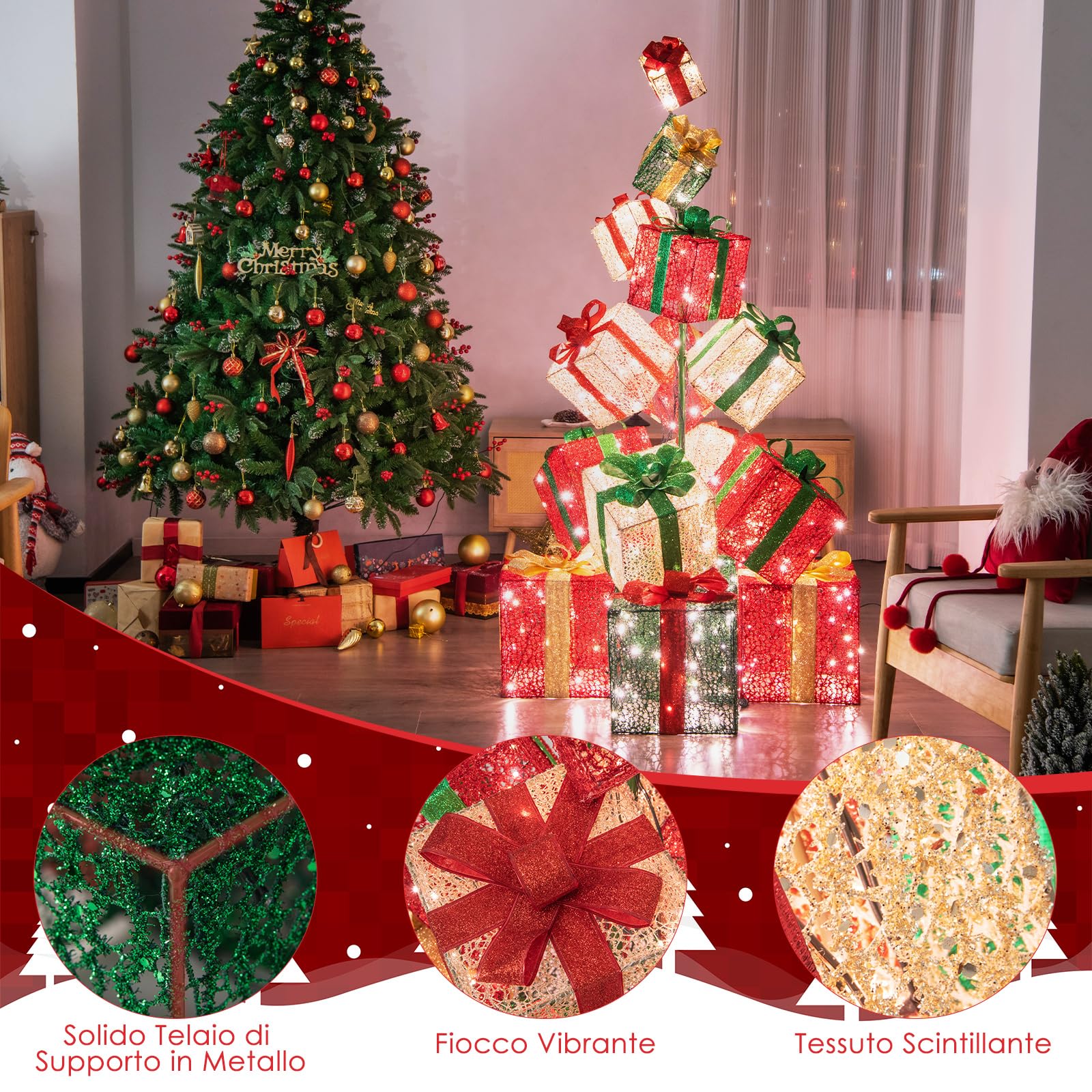 COSTWAY Set Scatole Regalo Illuminate di Natale da 170 cm, Torre di Scatole Regalo con 450 Luci Bianche Calde, Decorazioni Natalizie a Luce per Interni ed Esterni