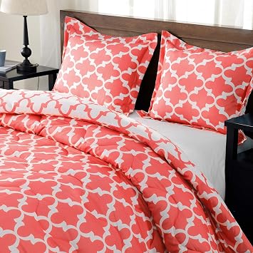 downluxe Lightweight Printed Comforter Set (King, Coral) with 2 Pillow Shams - 3-Piece Set - Down Alternative Reversible Comforter