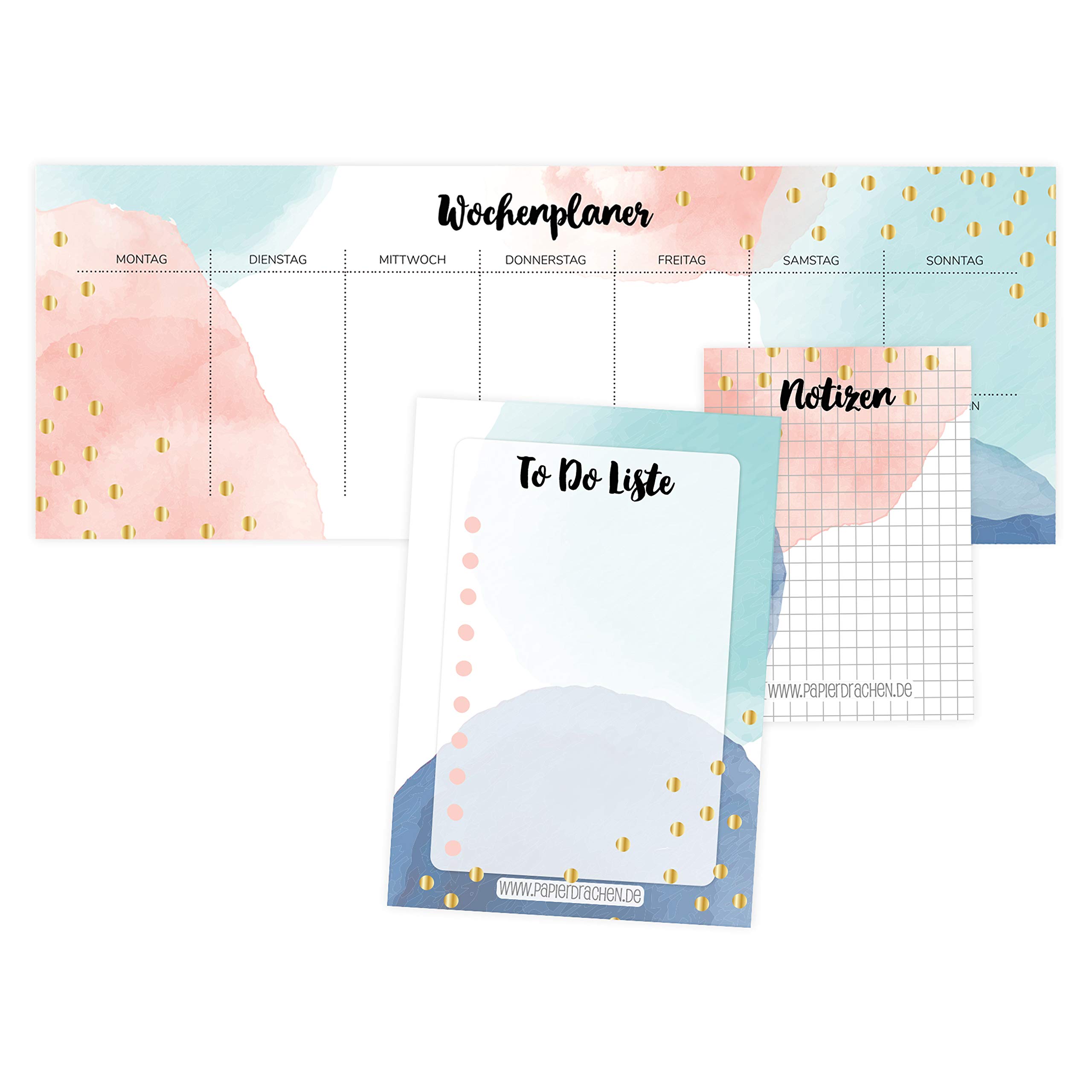 Papierdrachen 3 Writing Pads for Weekly Planner Notes and To Do List, Daily Planner Watercolour, Ideal for School Work