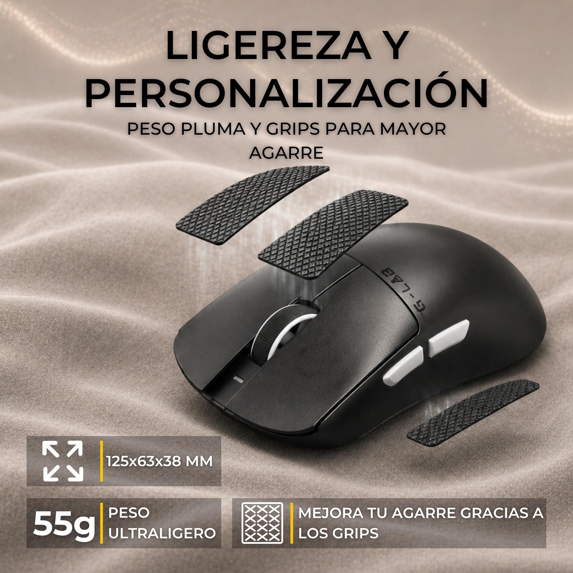 The G-Lab Kult Elite M150 - Raton Gaming Ultra Reactivo, Captor Óptico PixArt 3950, 30.000 DPI, 8.000 Hz, Patines PTFE - Raton inalambrico Triple Modo 2.4 GHz/BT/Cable con Software, 2 Baterías y Grips