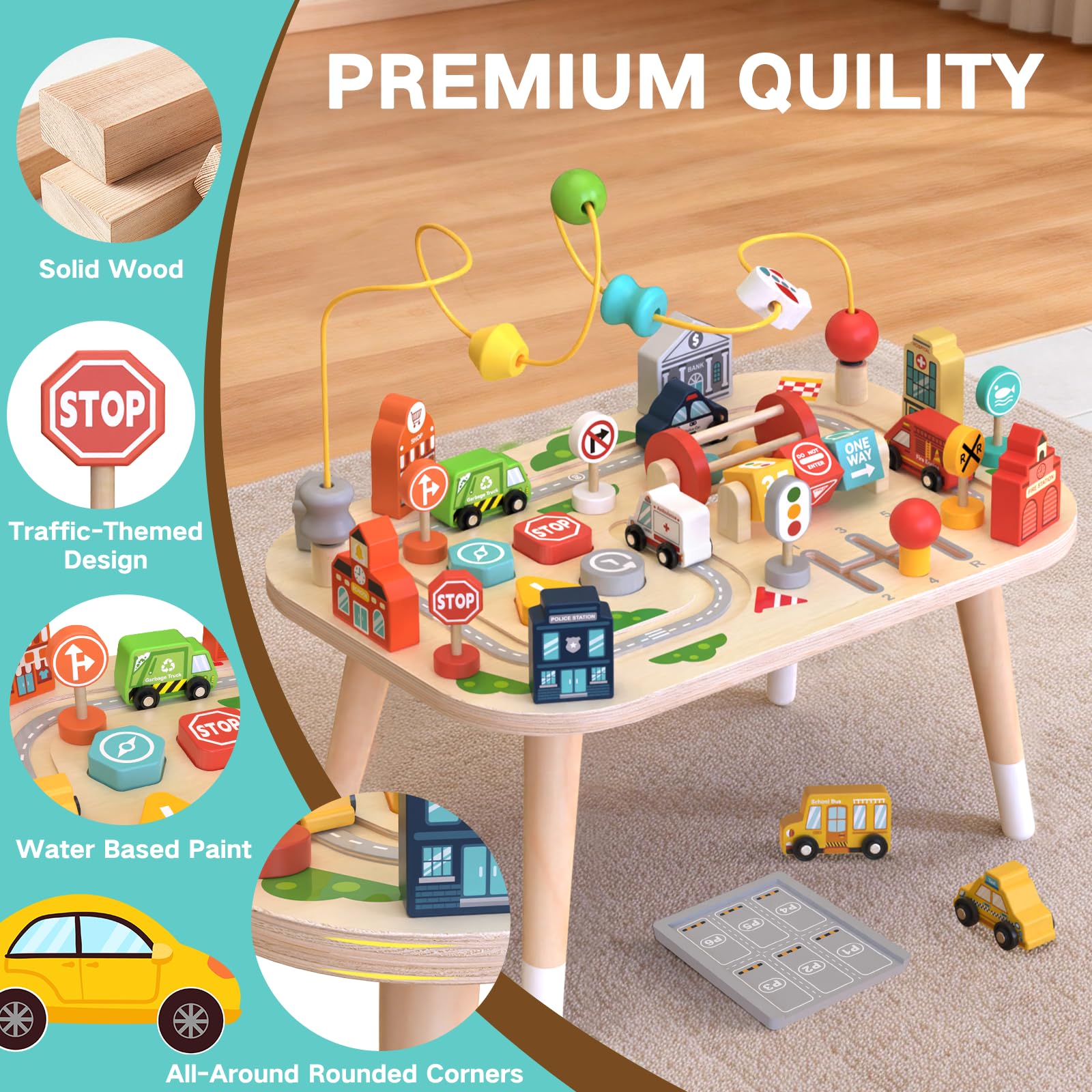Weilim Mesa de Actividades de Madera para bebés, Juguete Montessori con Laberinto de Cuentas, clasificador de Formas y Pista de Tren, Juguete Educativo sensorial (Coche)