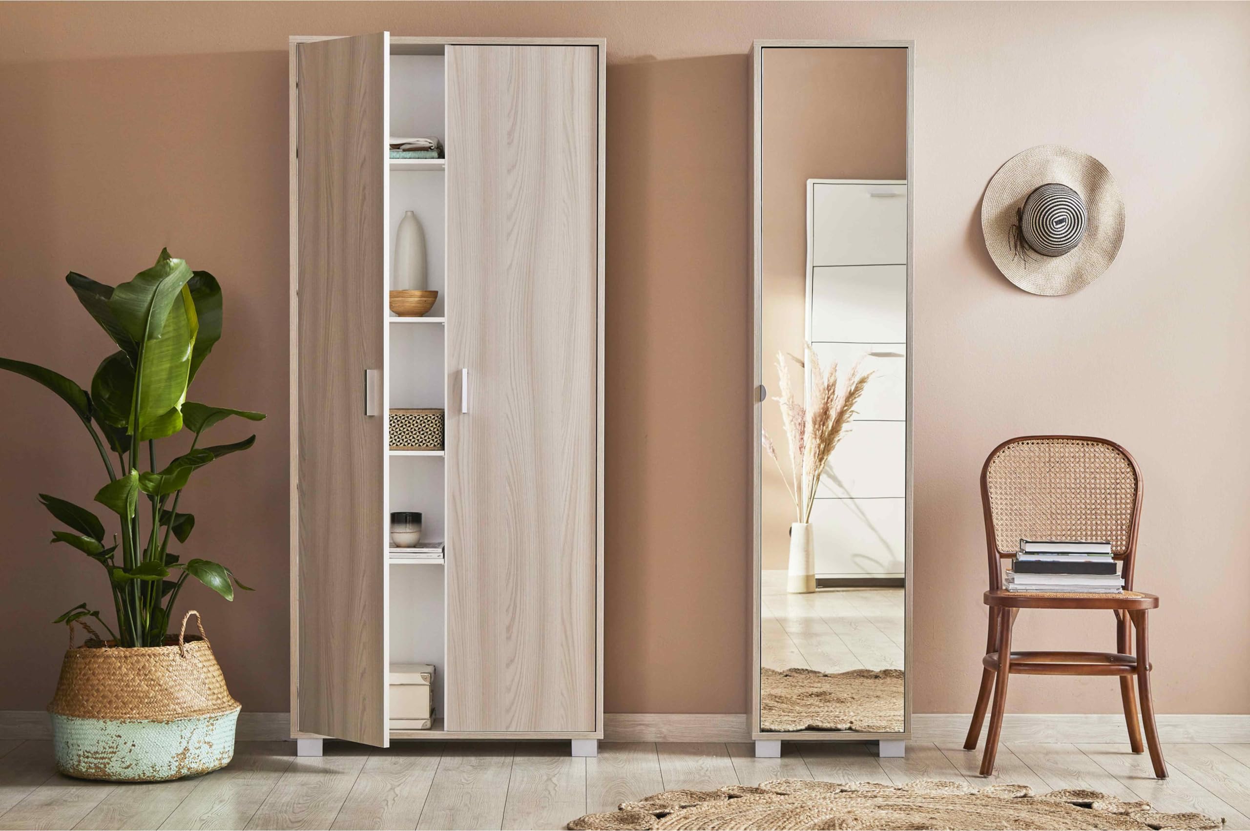 Mondo Viro Colonne 1 porte miroir "Mirror1" meuble en bois 43 x 29 cm 190 h (Noyer Stelvio/Miroir Naturel)