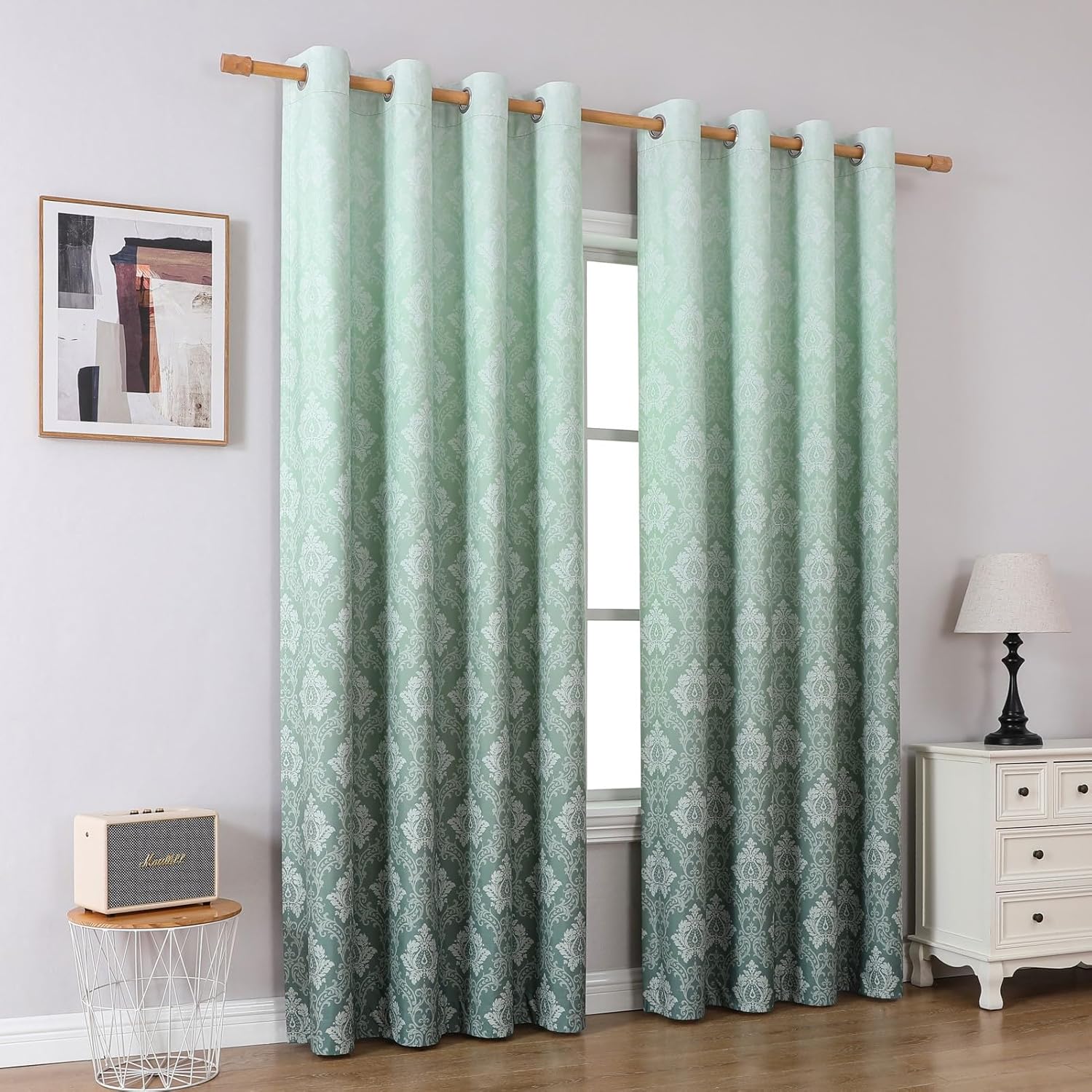 Flyfun Medallion Ombre Blackout Curtains 84 Inch Long, Thermal Insulated Energy Saving Grommet Bedroom Curtains 2 Panel Sets, Damask Pattern (Green, 52W x 84L)