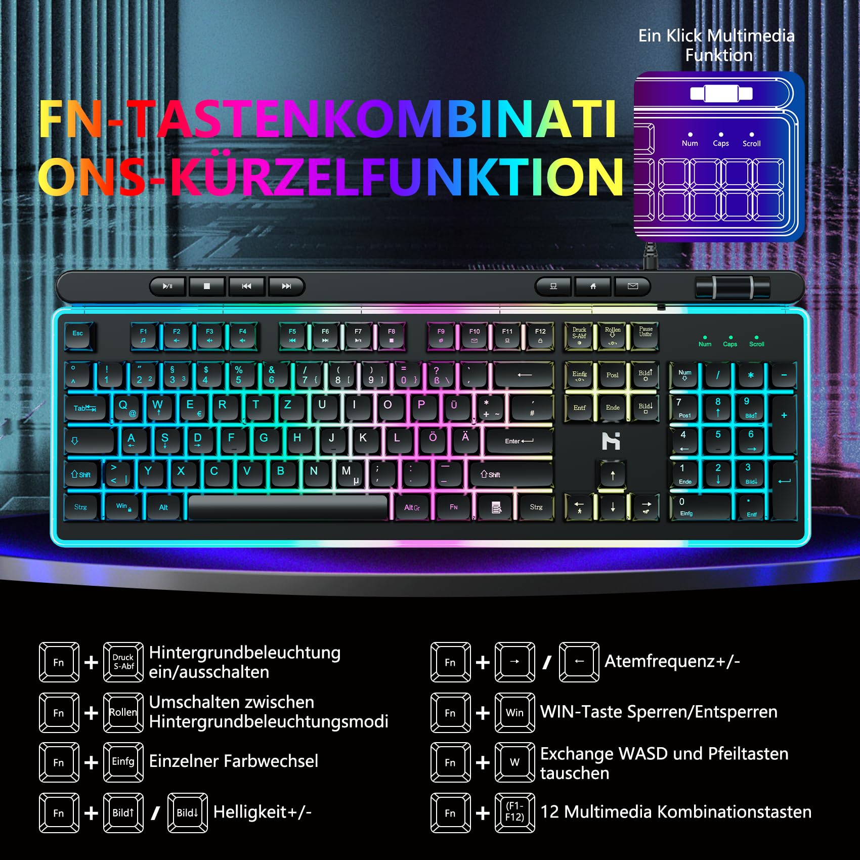 HLONONE Gaming Tastatur und Maus Set, Regenbogen LED Hintergrundbeleuchtung, USB Verkabelt, Ergonomische Tastatur für PC Gamer und Büro, QWERTZ DE Layout -Schwarz