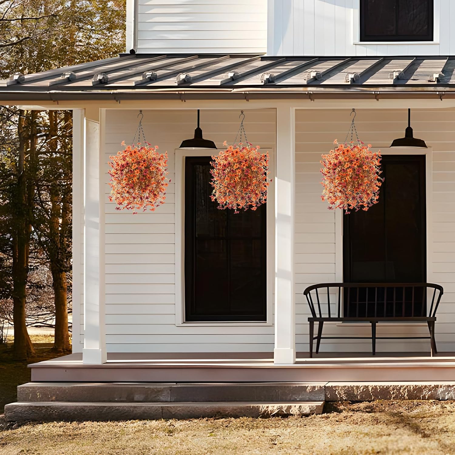 Artificial Faux Mums Fall Flowers for Outdoor Autumn Decoration,2 PCS Fake Silk Daisy Flowers Plant Eucalyptus Leaves Realistic UV Resistant for Front Porch Patio Balcony Yard Home Decor(Orange Brown) - Image 7