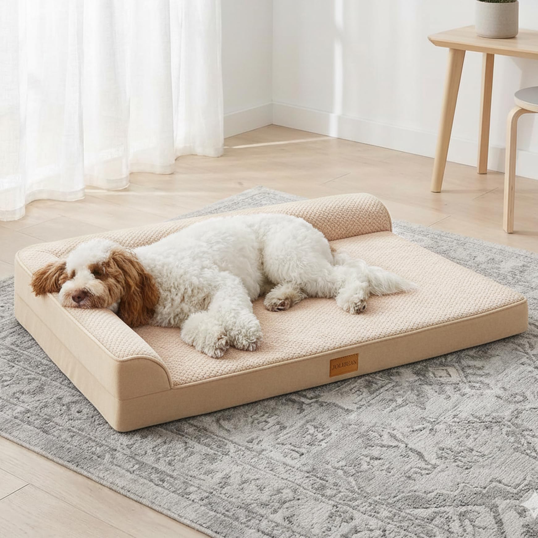 Cama Perro Jacquard Grande Ortopédica, Colchoneta Perro con Espuma De Caja De Huevos de L, Sofá Perro con Impermeable Lavable Desenfundable, 106x28cm, Blanco Marfil