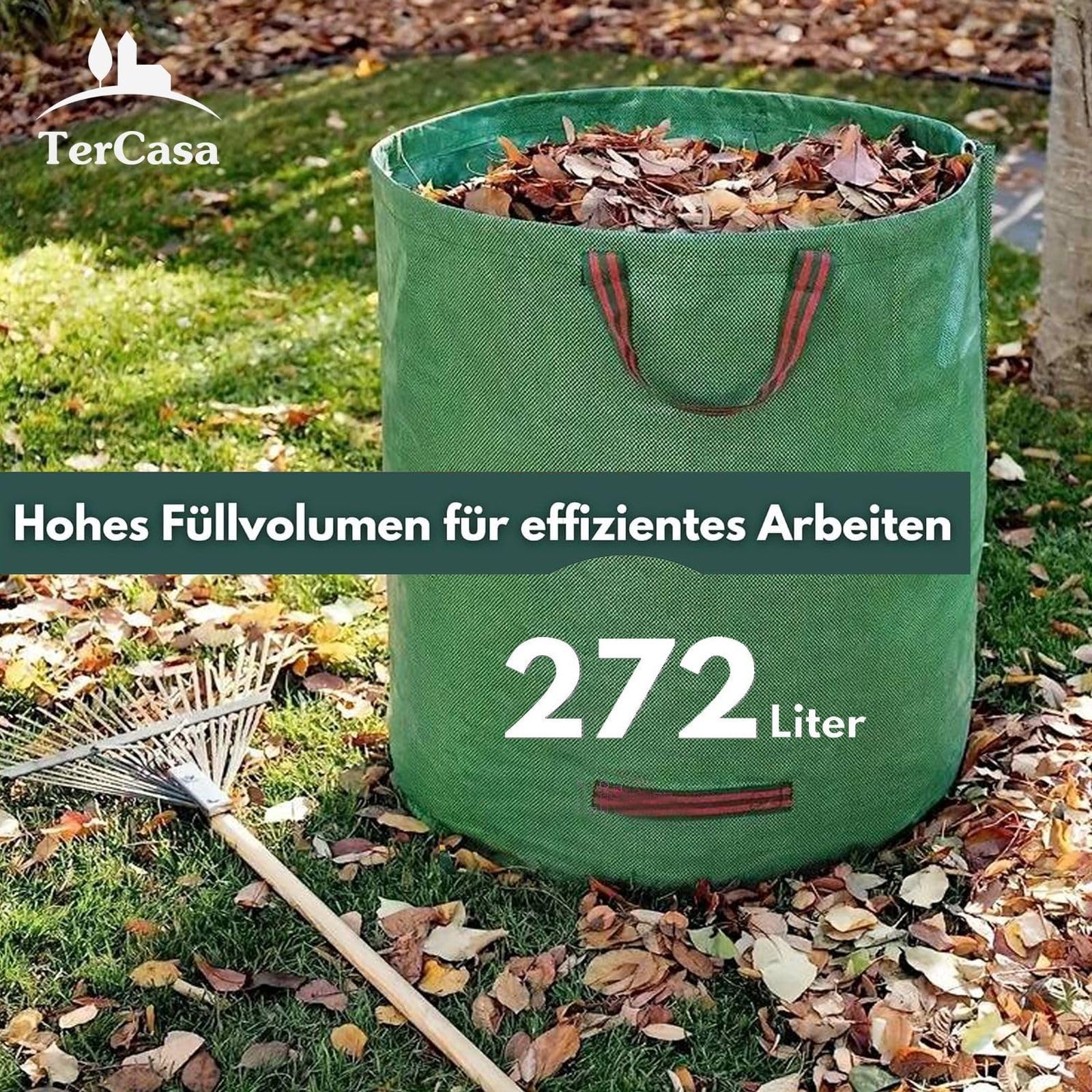 Sacco per rifiuti da giardino, 4 pezzi, 272 l, altezza 76 cm, diametro 67 cm, in tessuto di polipropilene antistrappo, con anello di rinforzo e 4 manici, colore: Verde