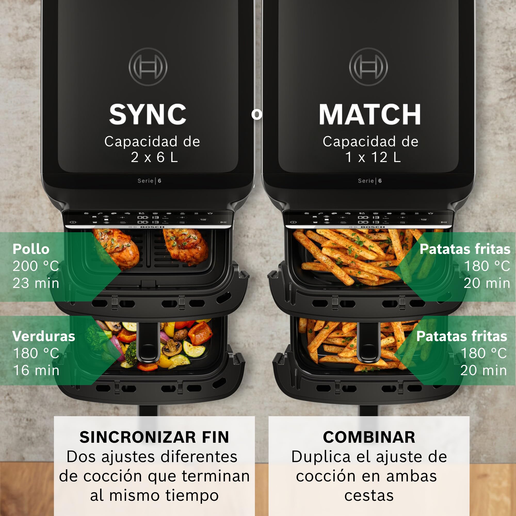 Bosch Freidora de aire Serie 6, XXL doble cesta 12 L, 2 cestas de 6 L con función SYNC, 6 programas, recubrimiento no tóxico, interior de metal, negro, MAFD661B0