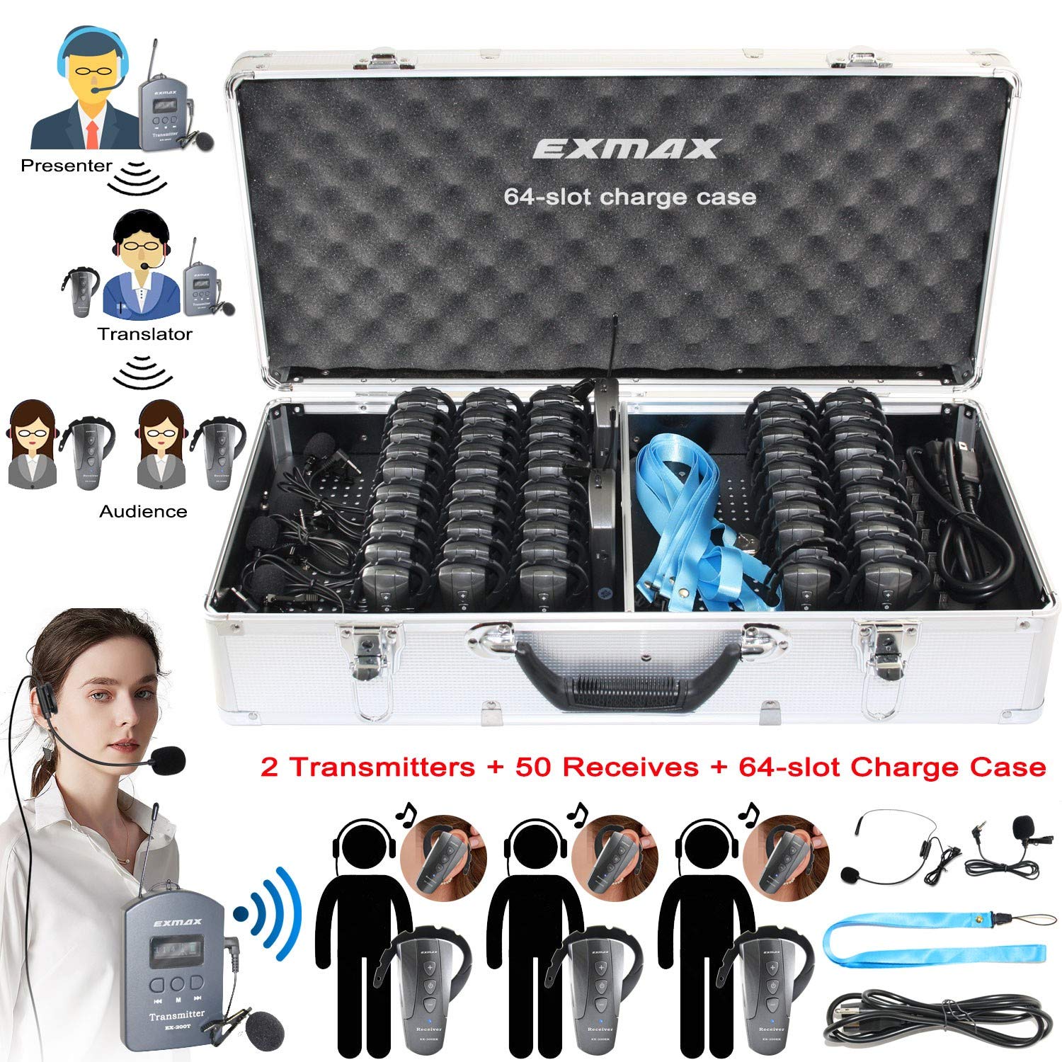 EXMAX EX-200E UHF Voice Acoustic Transmission Translator in Your Ear Wireless Assisted Listening Equipment for Job Training Business Summit Courtroom (2 Transmitters 50 Receivers 64-slot Charge Case)