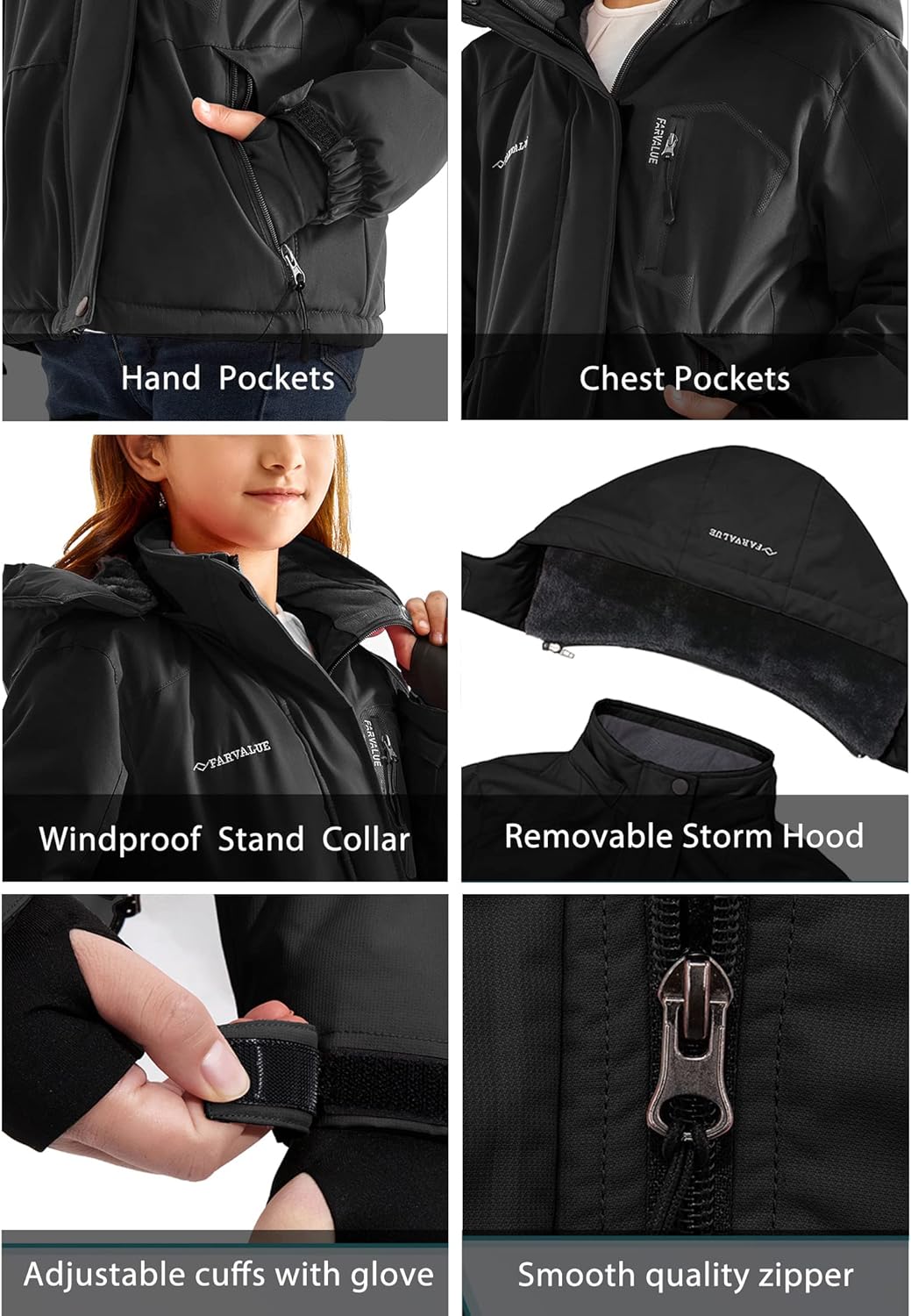 FARVALUE Girls Waterproof Skiing Jacket Windproof Winter Coat Warm Snow Coat with Removable Hood - Image 6