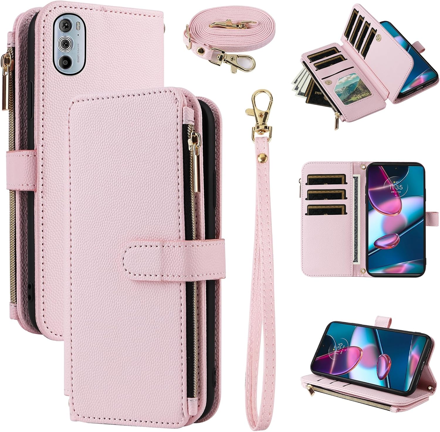 Wallet Case for Motorola Moto G Stylus 5G 2025 with Wrist Strap, Shoulder Strap 10+ Card Holder Luxury PU Leather Flip Stand Zipper Purse Cell Shockproof Phone Cover for G5 Women Men Blue